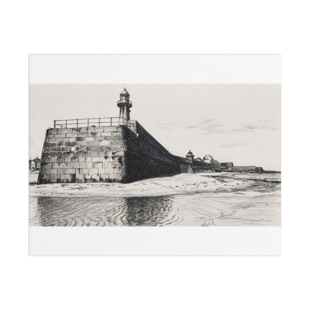 Smeaton's Pier St Ives charcoal canvas print – detailed monochrome Cornwall harbour wall art