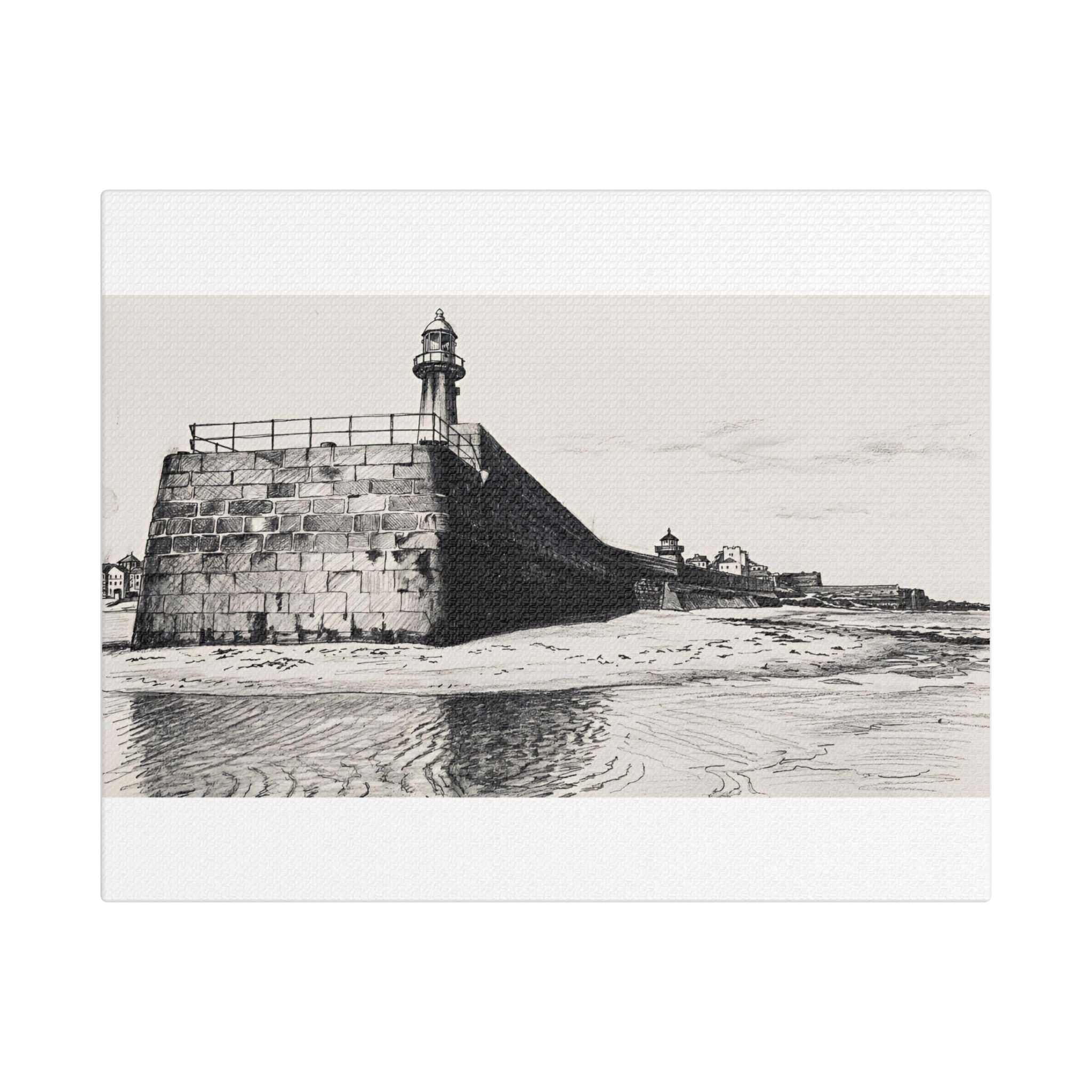 Smeaton's Pier St Ives charcoal canvas print – detailed monochrome Cornwall harbour wall art