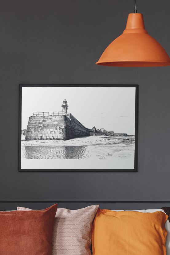Smeaton's Pier St Ives poster in dark styled bedroom – black and white coastal wall art