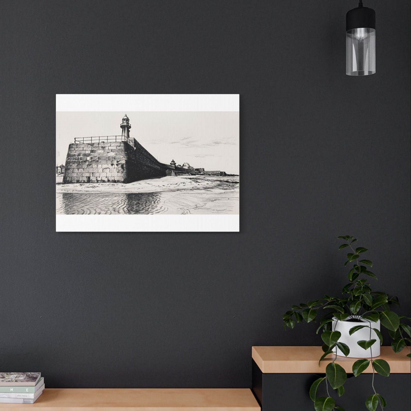 Smeaton's Pier canvas on dark feature wall above sideboard – dramatic Cornwall coastal wall art