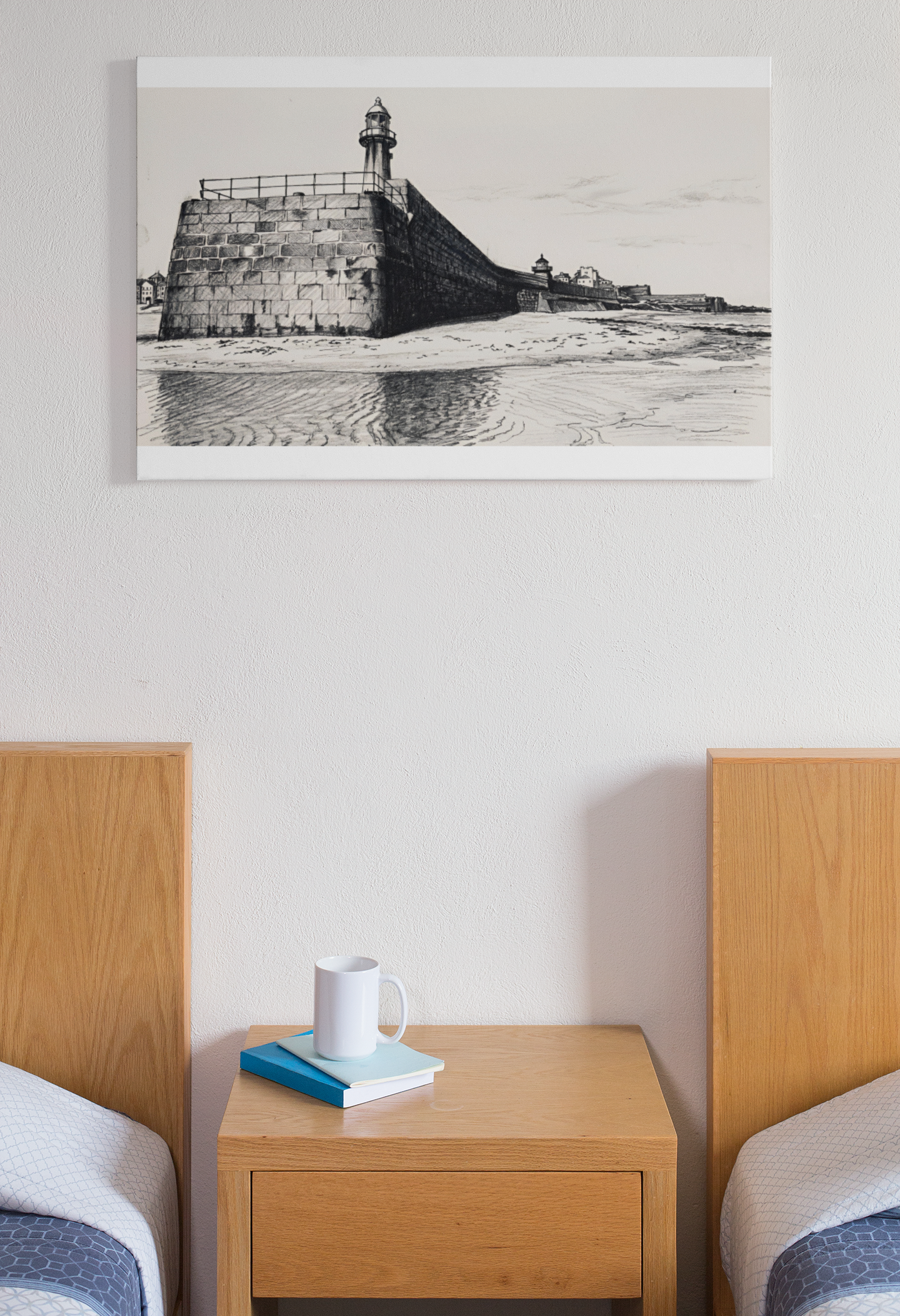 Smeaton's Pier charcoal canvas in holiday home setting – Cornwall wall art gift for coast lovers