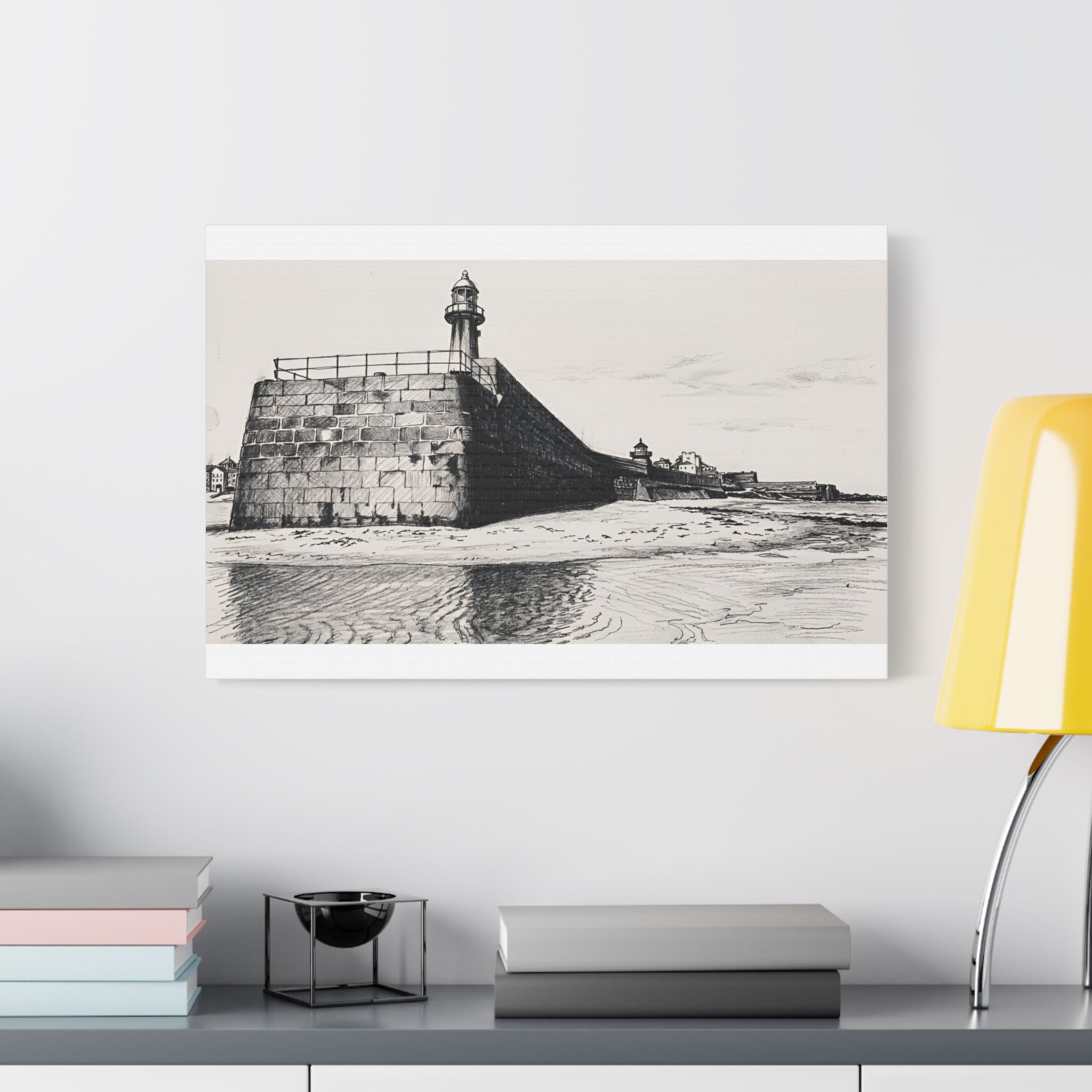Smeaton's Pier charcoal canvas straight on – black and white St Ives harbour wall art UK