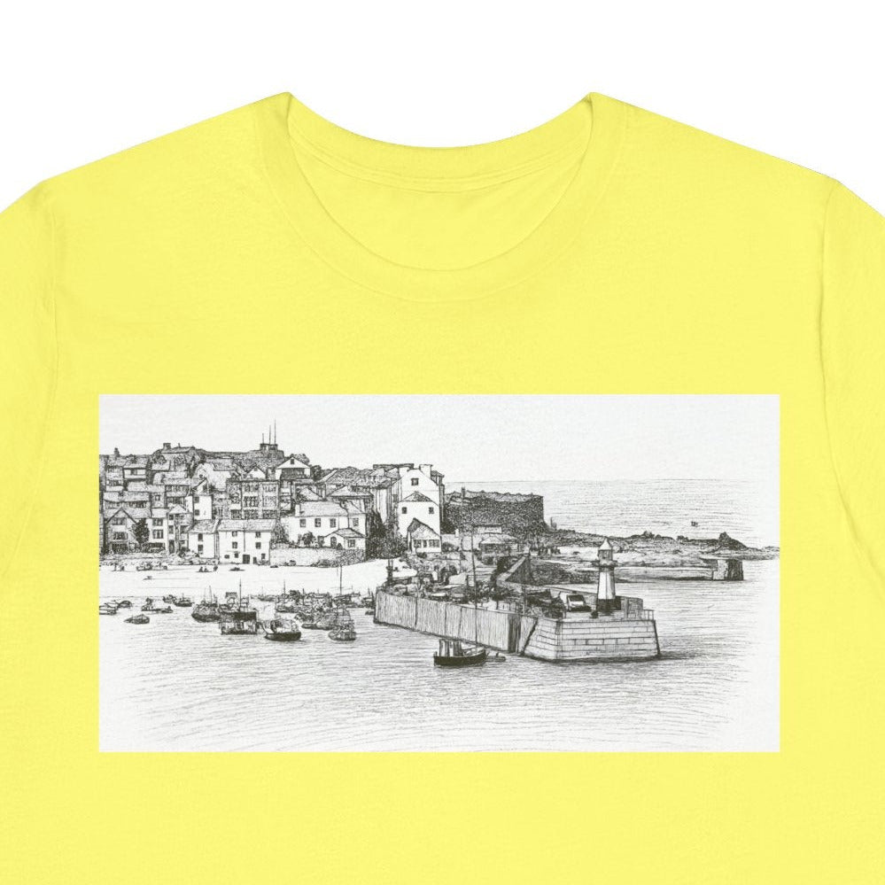 St Ives Cornwall graphic tee yellow, coastal harbour sketch t-shirt