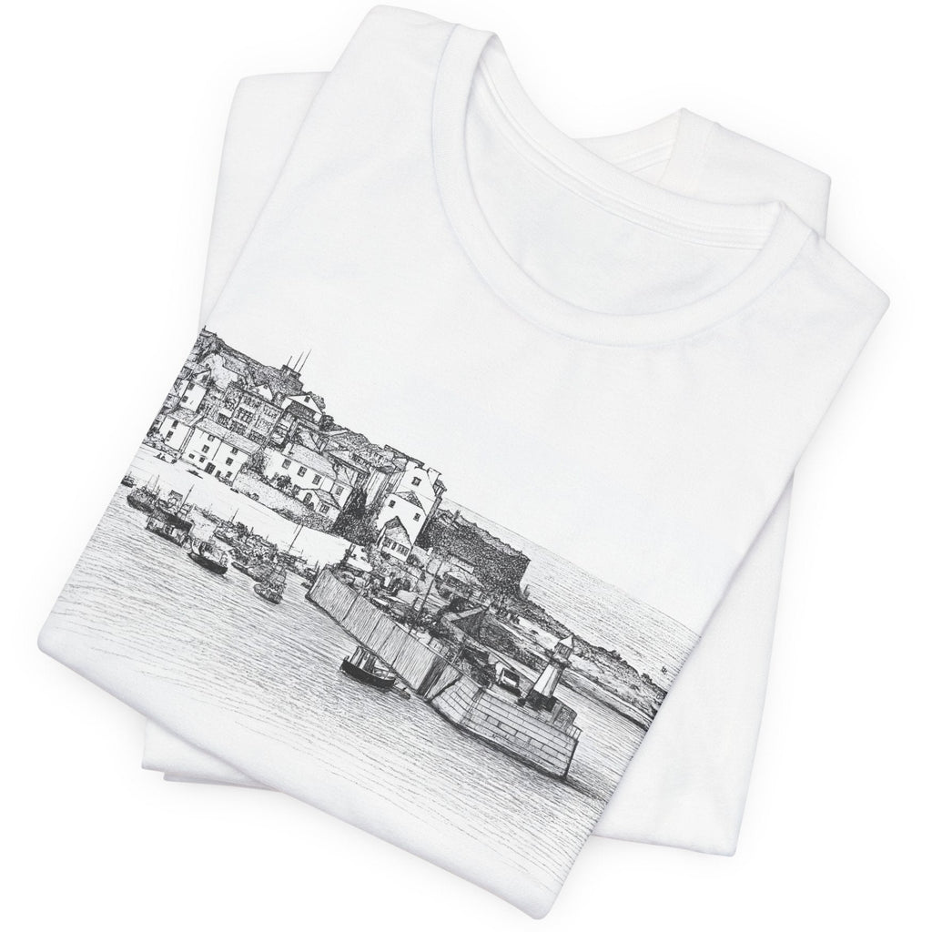 St Ives Cornwall t-shirt folded flat lay, minimalist coastal sketch print