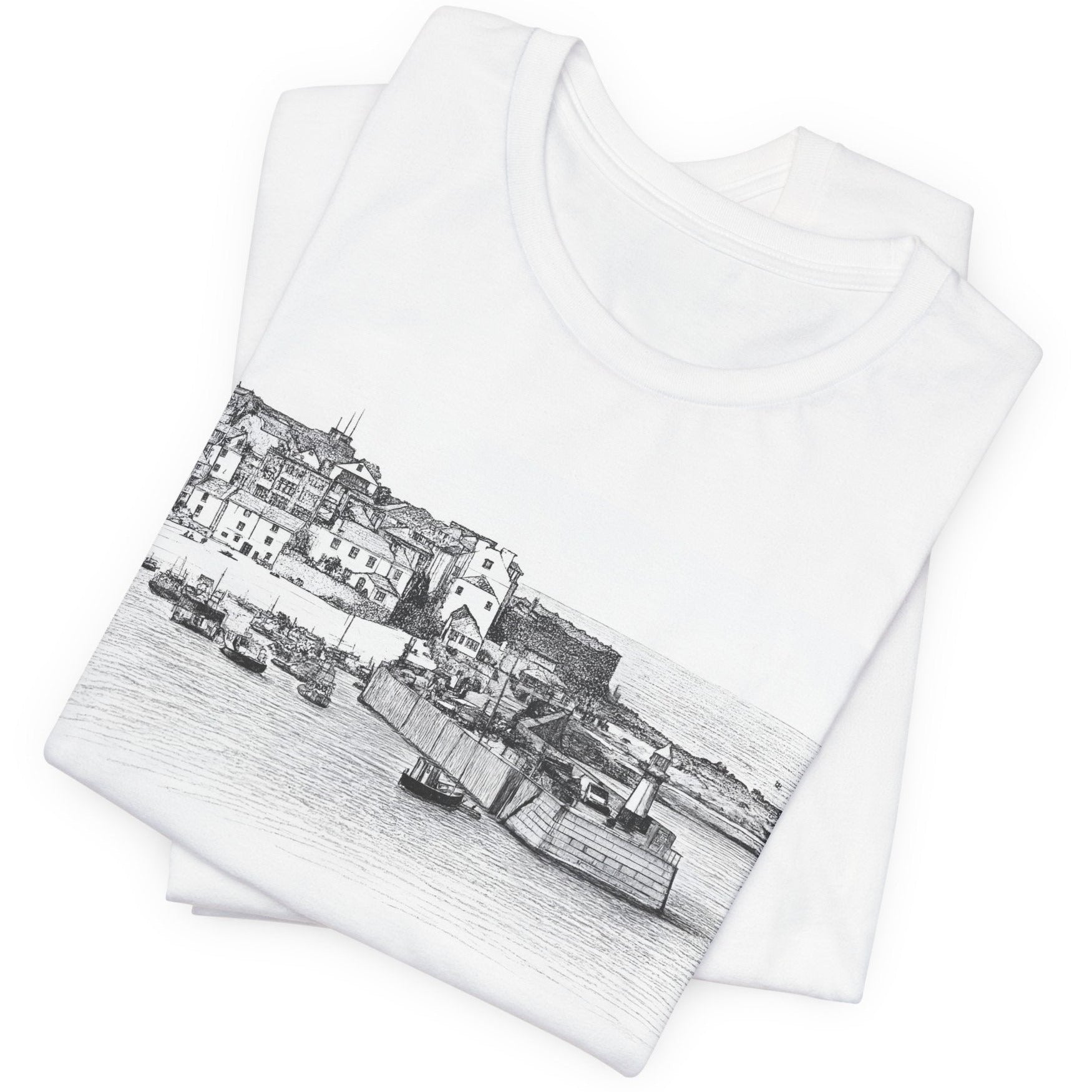 St Ives Cornwall t-shirt folded flat lay, minimalist coastal sketch print