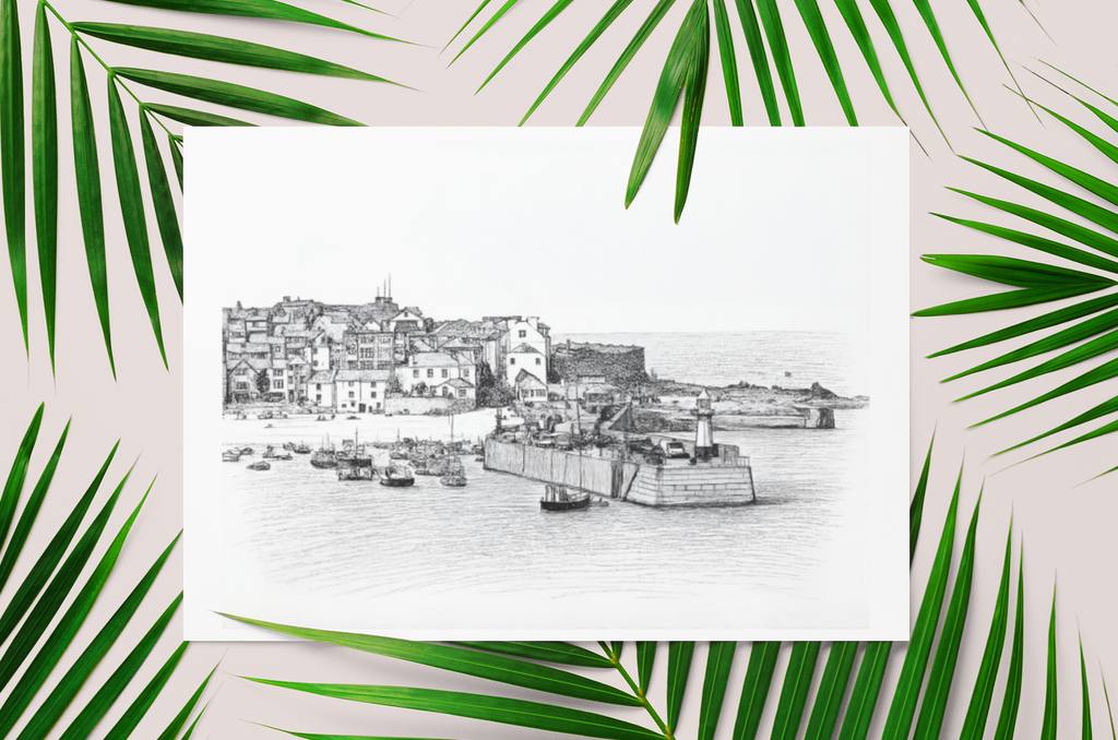 St Ives Harbour Cornwall canvas artwork displayed in modern interior, coastal wall décor inspired by Cornwall's fishing heritage