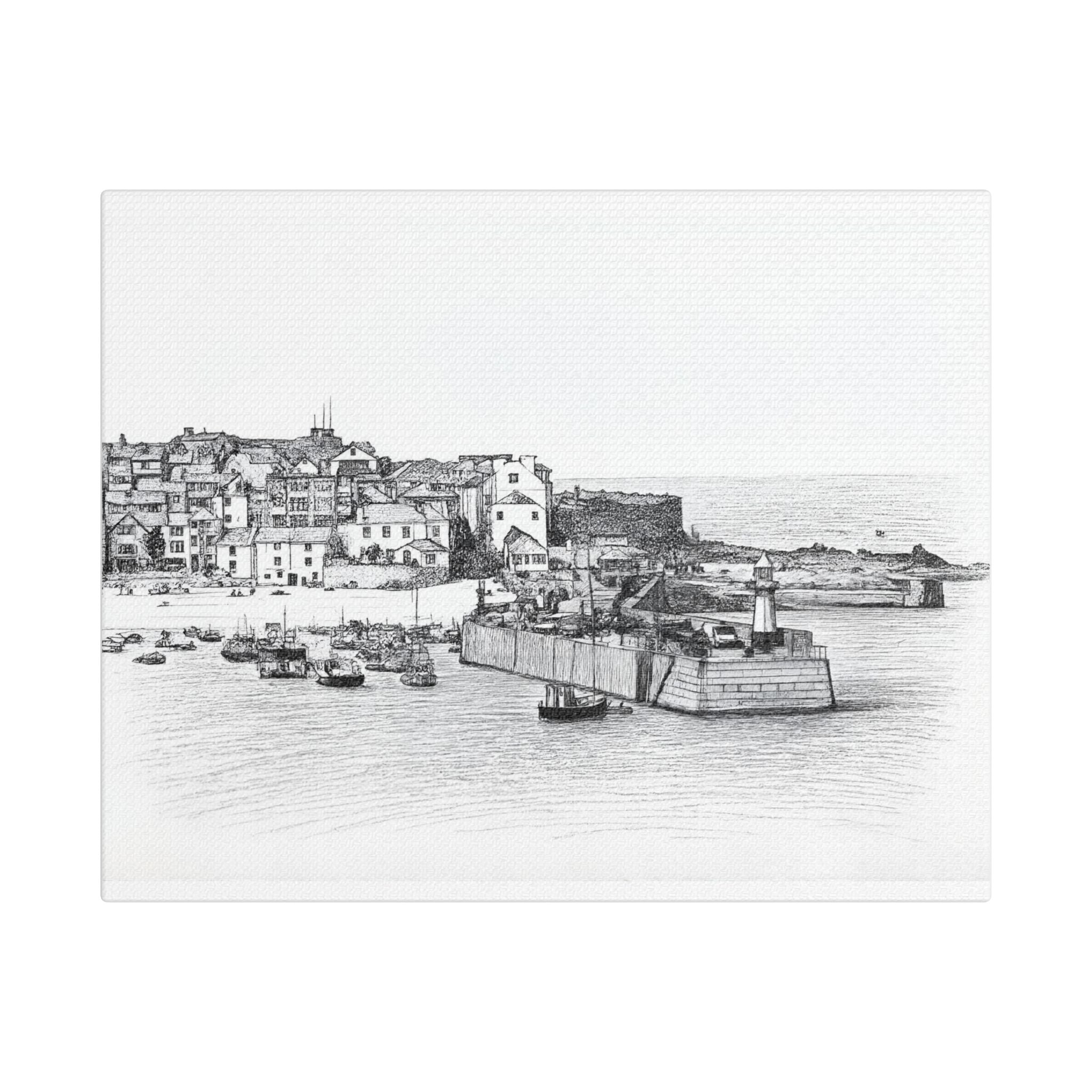 St Ives Harbour Cornwall canvas print featuring Smeaton's Pier, fishing boats and harbour waterfront in detailed coastal charcoal print artwork