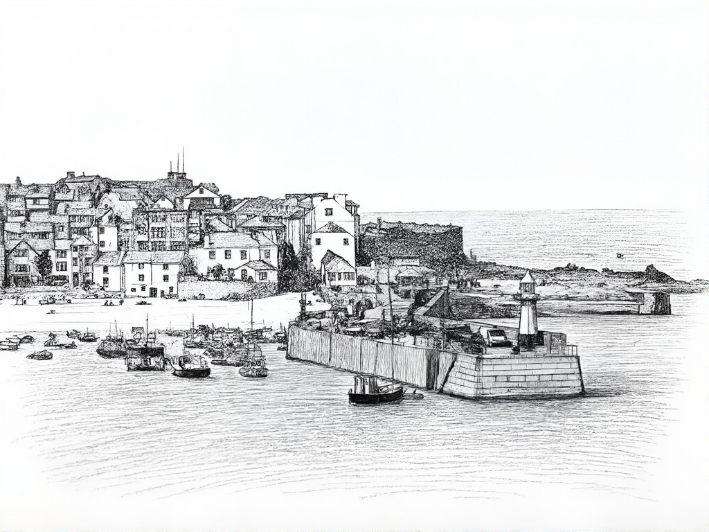 St Ives Harbour black and white giclée art print unframed – detailed Cornwall line drawing fine art paper