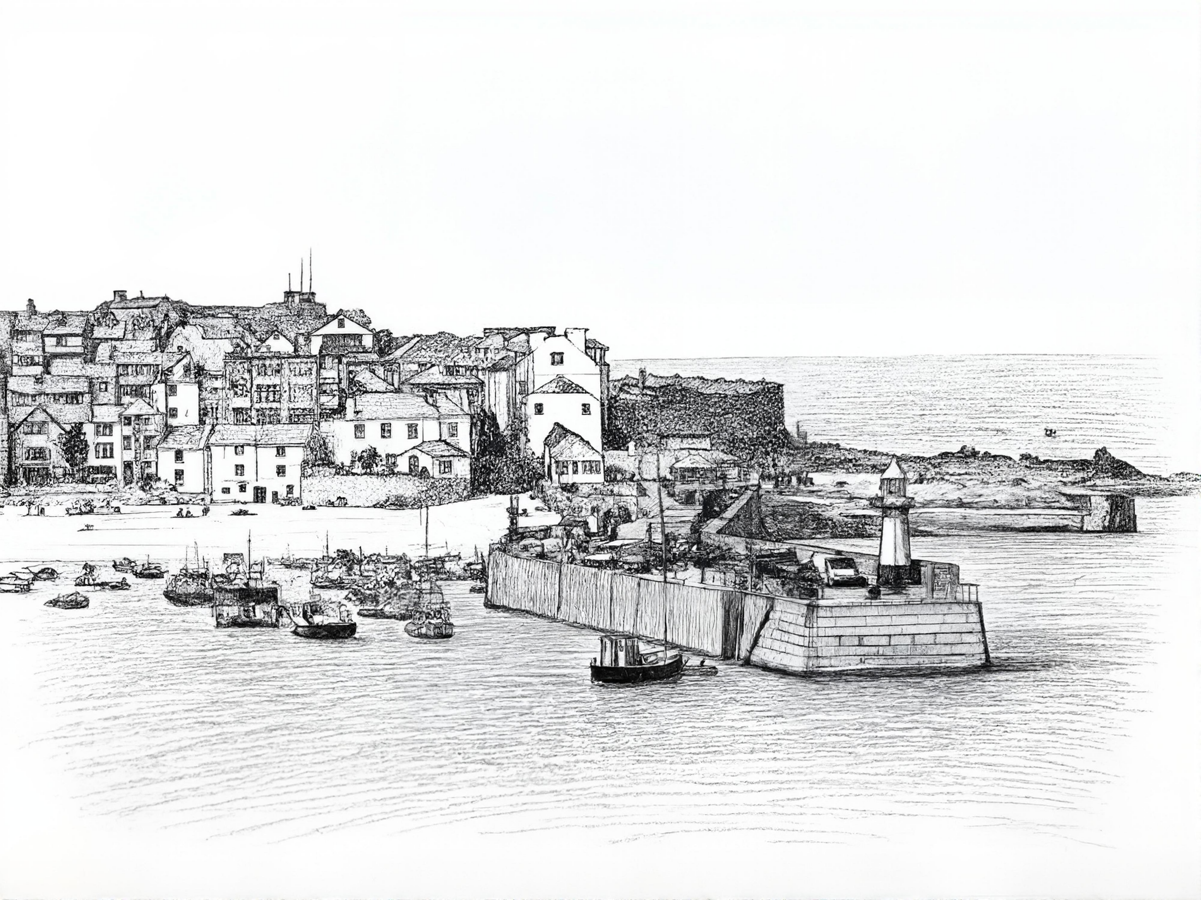 St Ives Harbour black and white giclée art print unframed – detailed Cornwall line drawing fine art paper