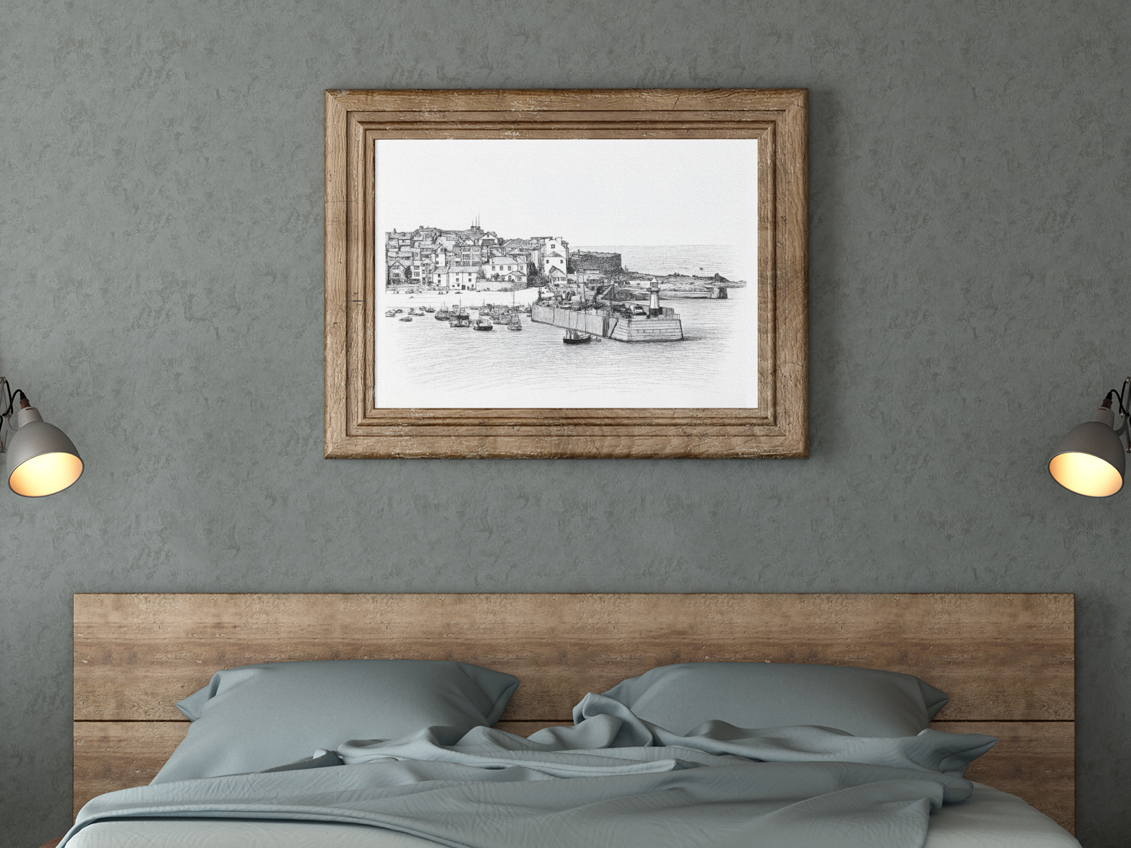 St Ives Harbour black and white line drawing print in a rustic bedroom – Cornwall fine art wall art UK