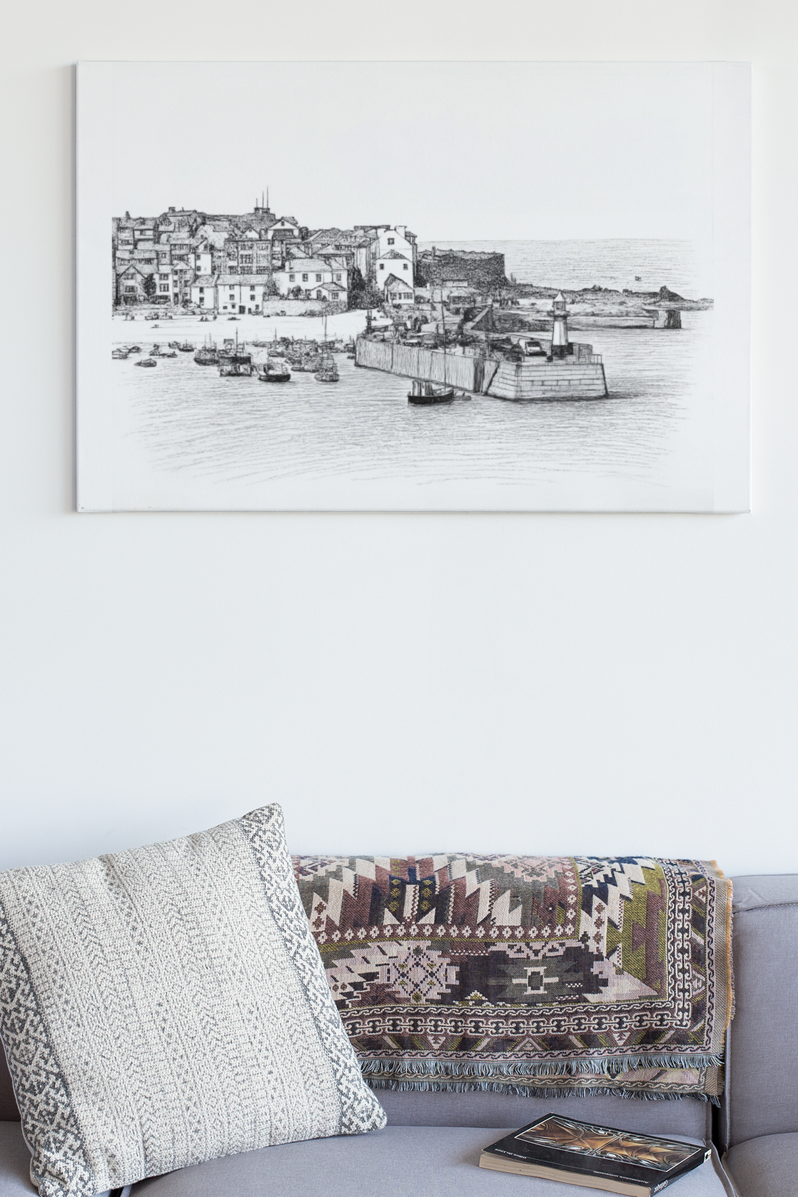 St Ives Harbour canvas print displayed above sofa, Cornwall coastal wall art featuring fishing boats and Smeaton's Pier