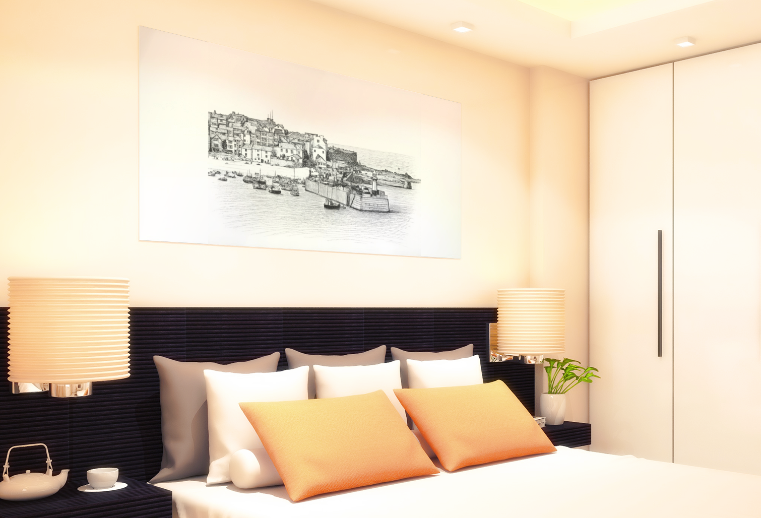 St Ives Harbour canvas wall art above bed, Cornwall coastal home décor featuring Smeaton's Pier and harbour scene