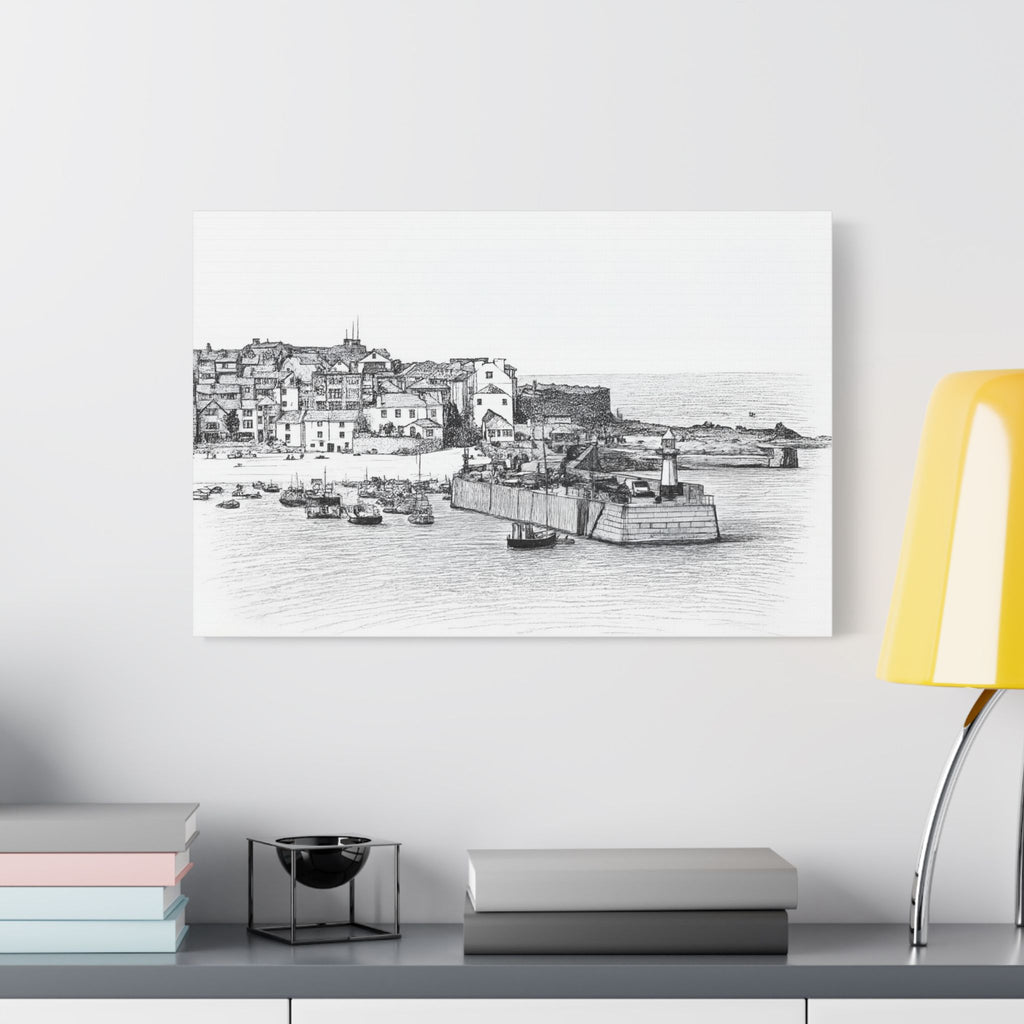 St Ives Harbour canvas wall art displayed above modern sideboard, Cornwall coastal landscape canvas featuring Smeaton's Pier and fishing boats