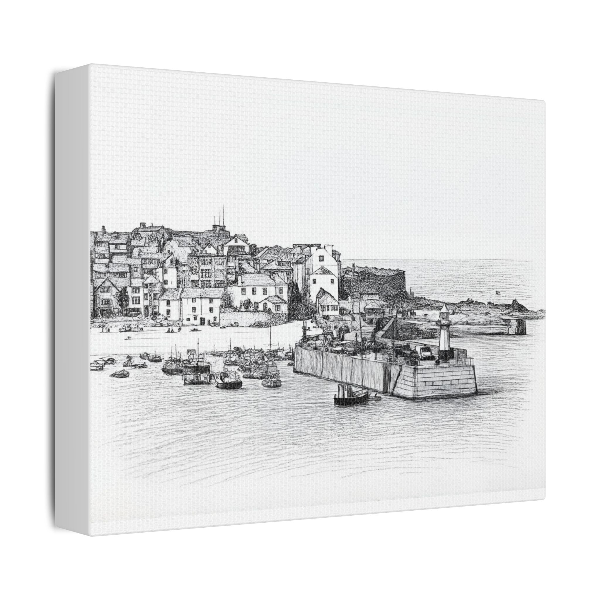 St Ives Harbour canvas wall art side view showing premium gallery wrapped Cornwall coastal canvas print in charcoal.