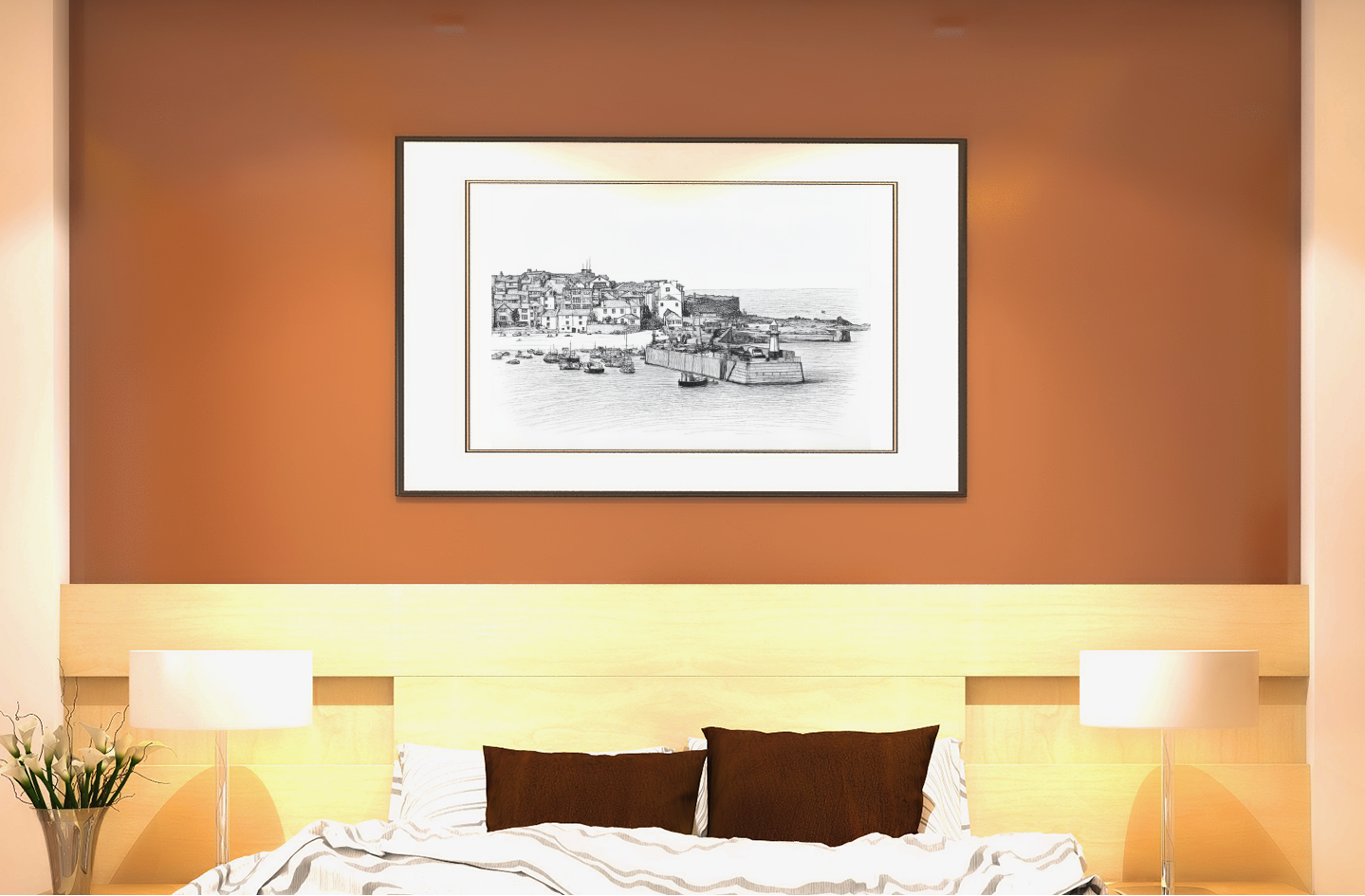 St Ives Harbour fine art print above bed on terracotta wall – Cornwall black and white bedroom wall art