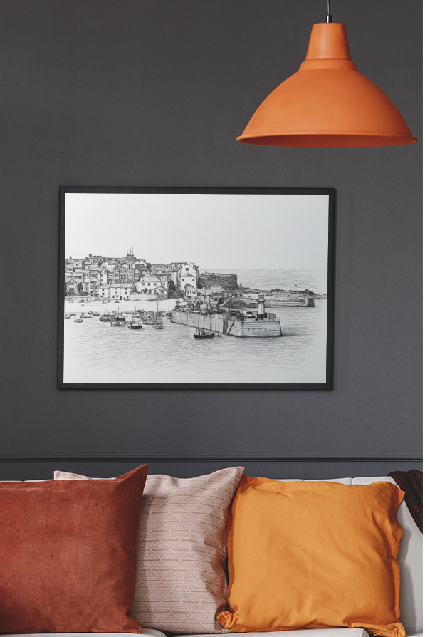 St Ives Harbour fine art print in dark room with warm lighting – black and white Cornwall wall art framed