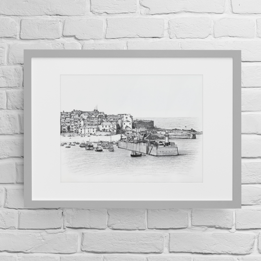 St Ives Harbour fine art print in grey frame on white brick wall – Cornwall black and white giclée art print