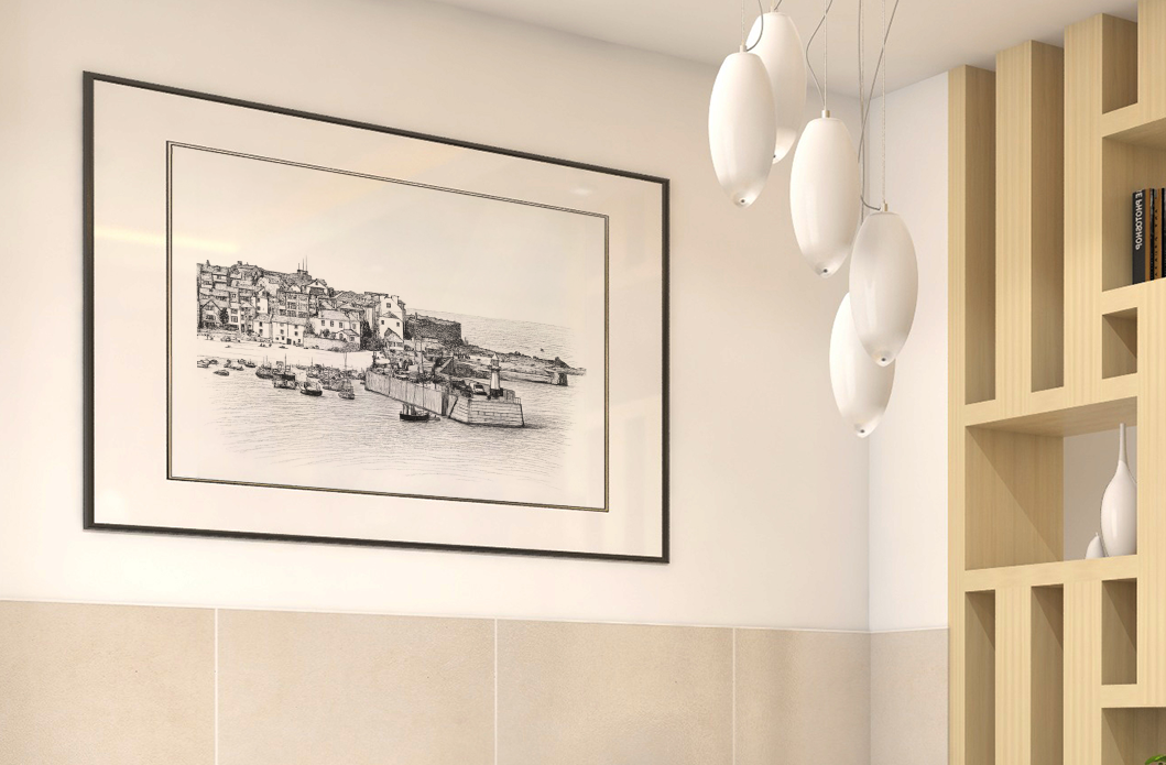 St Ives Harbour framed art print in living room – Cornwall coastal wall art black and white gift idea