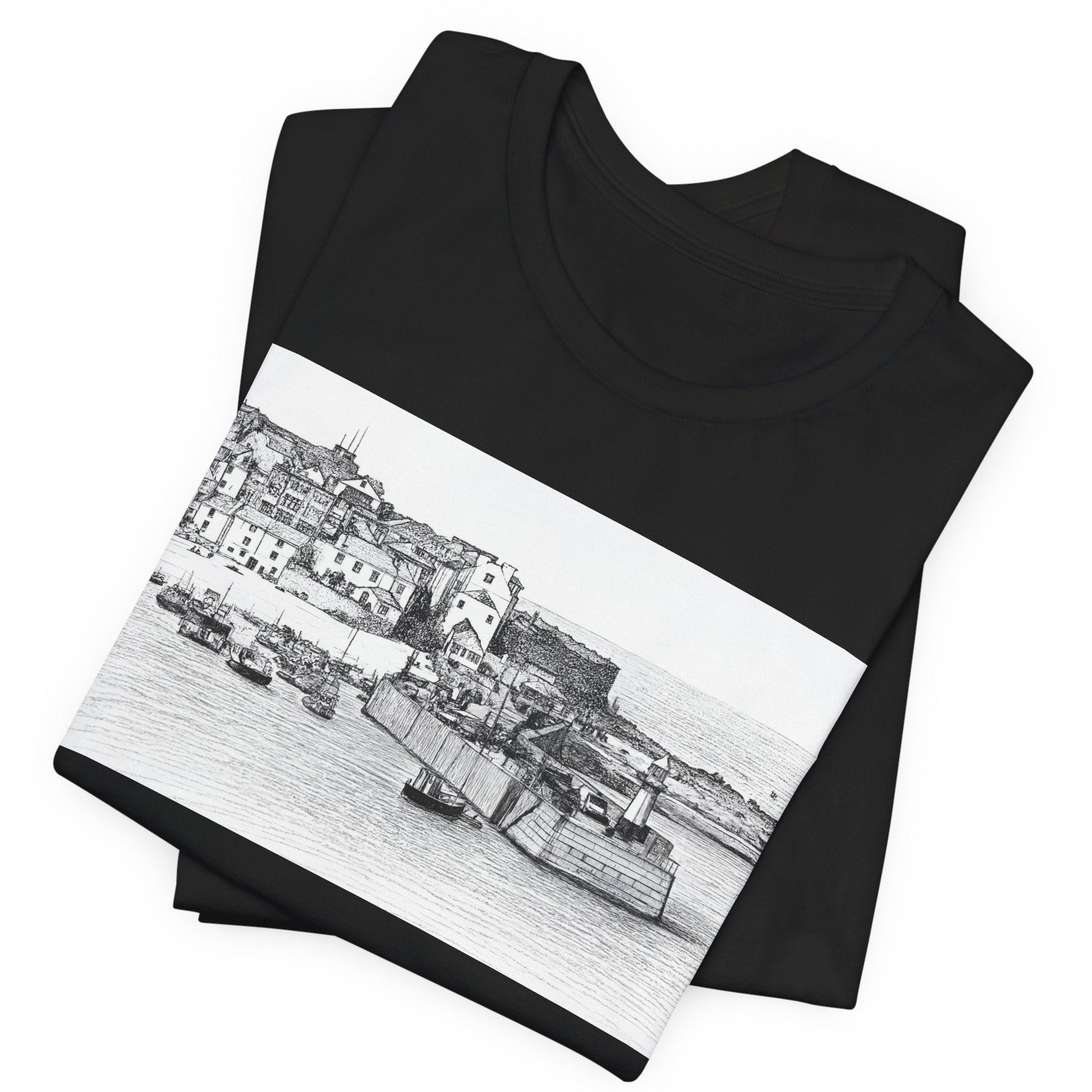 St Ives harbour folded t-shirt black colourway, fishing village illustration tee