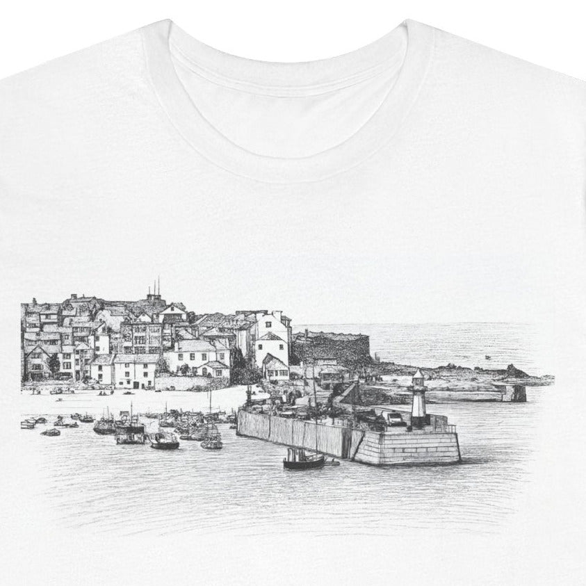 St Ives harbour illustration white graphic t-shirt, Bella+Canvas cotton tee