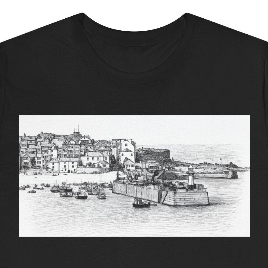 St Ives harbour t-shirt black colourway, fishing village illustration tee