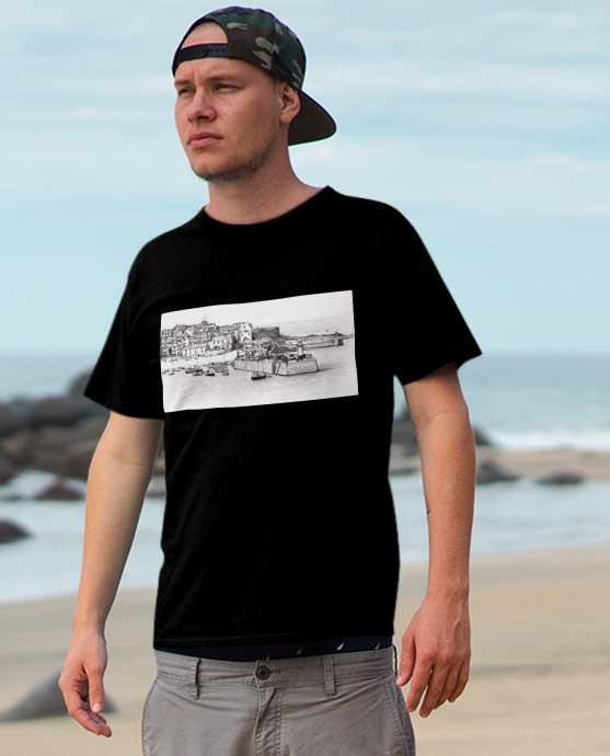 St Ives harbour t-shirt black colourway, fishing village illustration tee on the beach