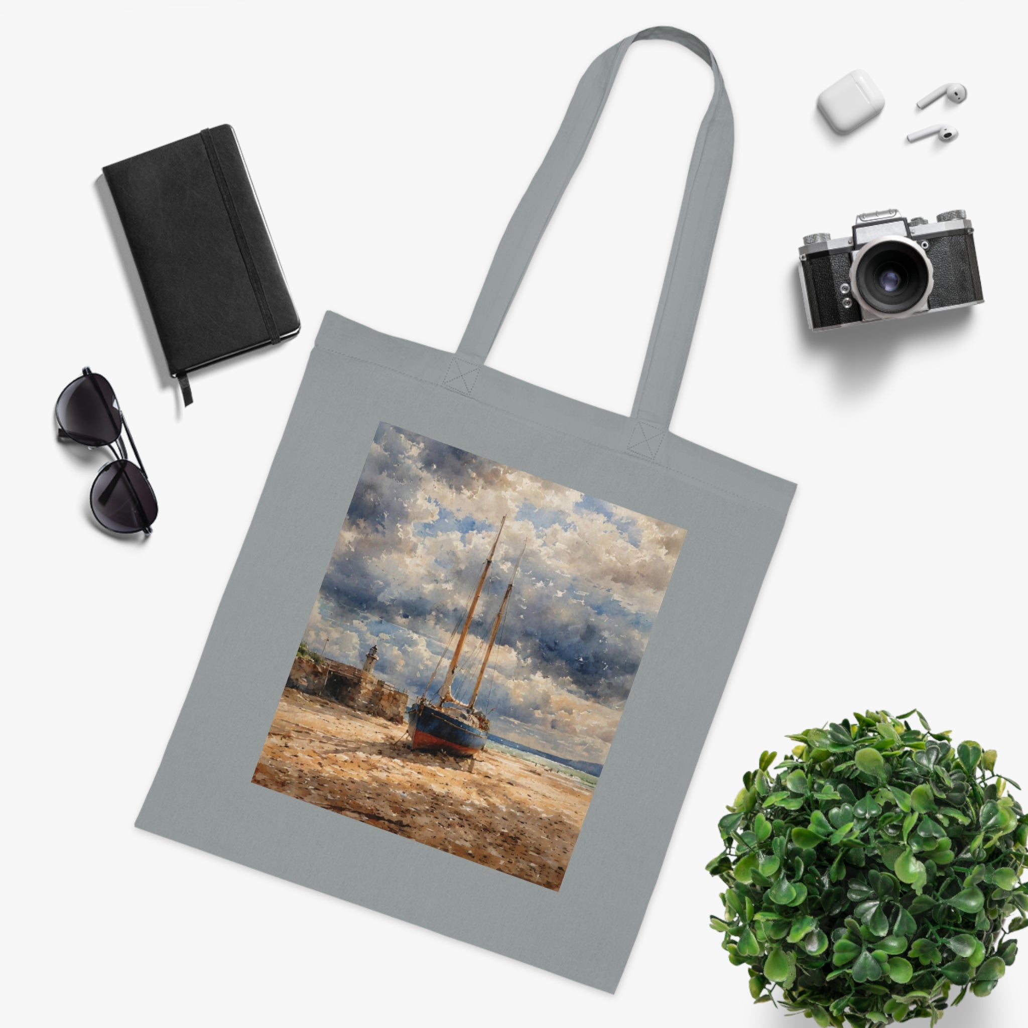 St Ives working boat grey cotton tote bag — Cornwall coastal art gift shopper
