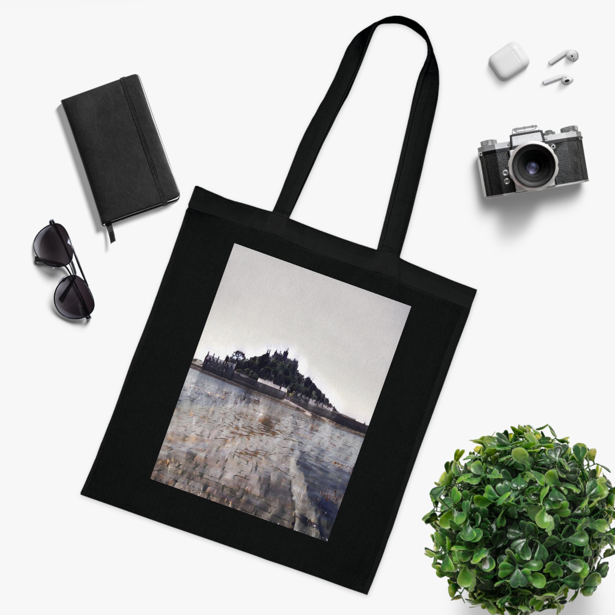 St Michael's Mount black cotton tote bag — Cornwall coastal illustration gift shopper