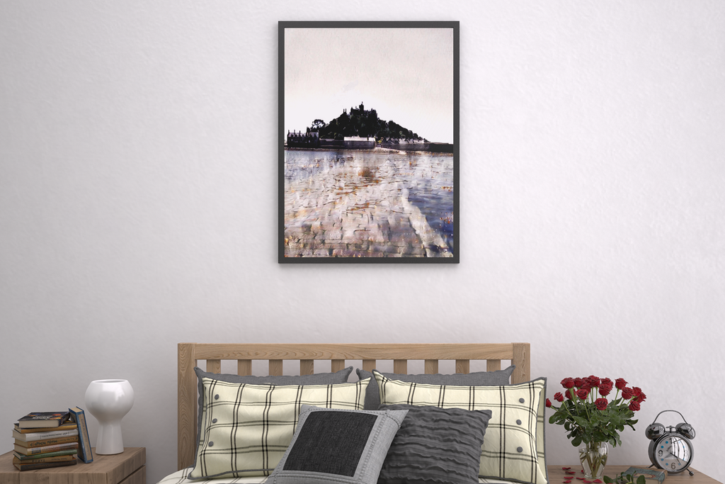 St Michael's Mount fine art print in boho bedroom gallery wall Cornwall