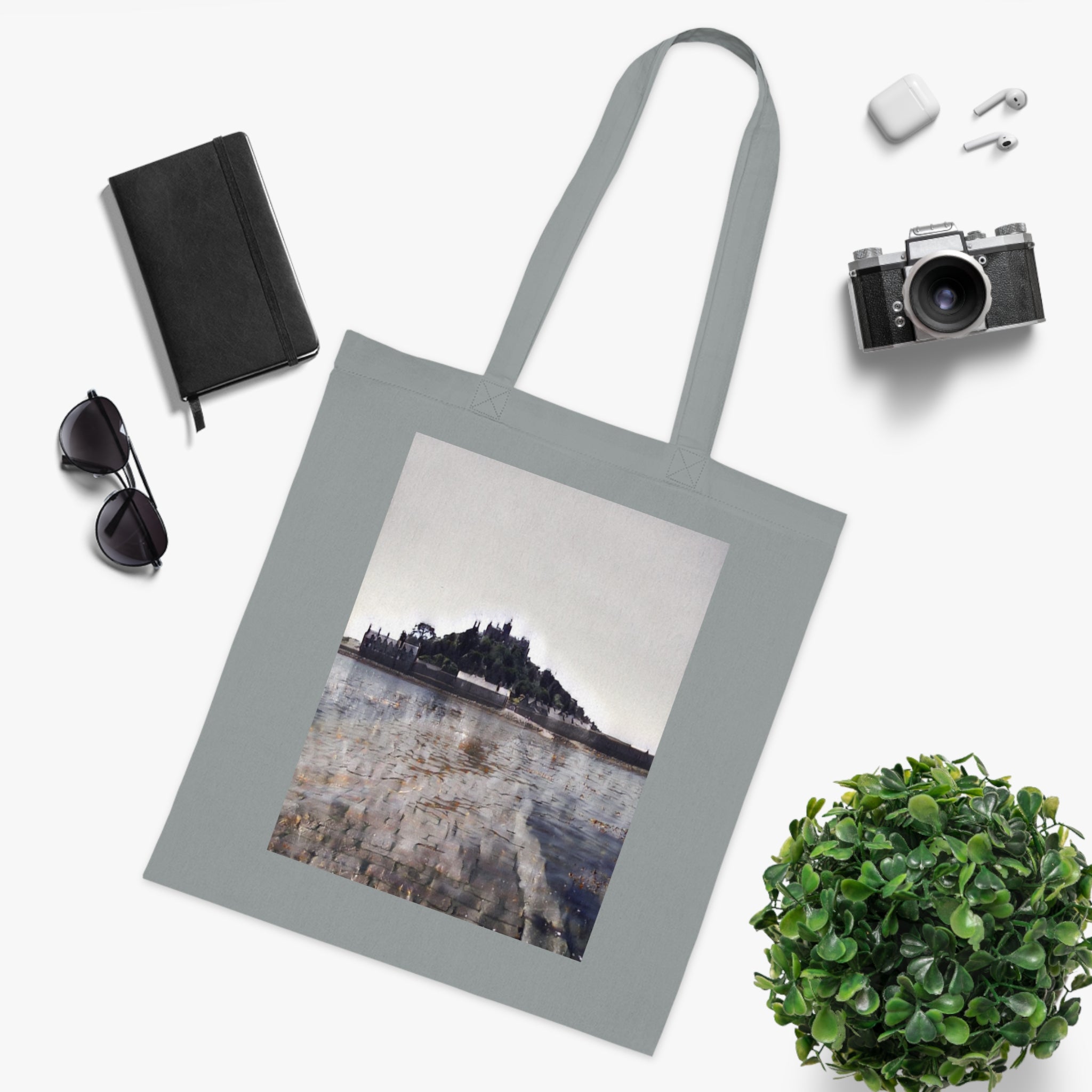 St Michael's Mount grey cotton tote bag — Cornwall coastal illustration gift shopper