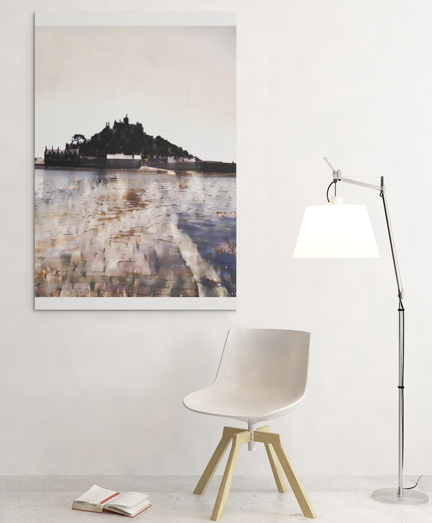 St Michael's Mount portrait canvas print in minimalist living space – Cornwall wall art ready to hang
