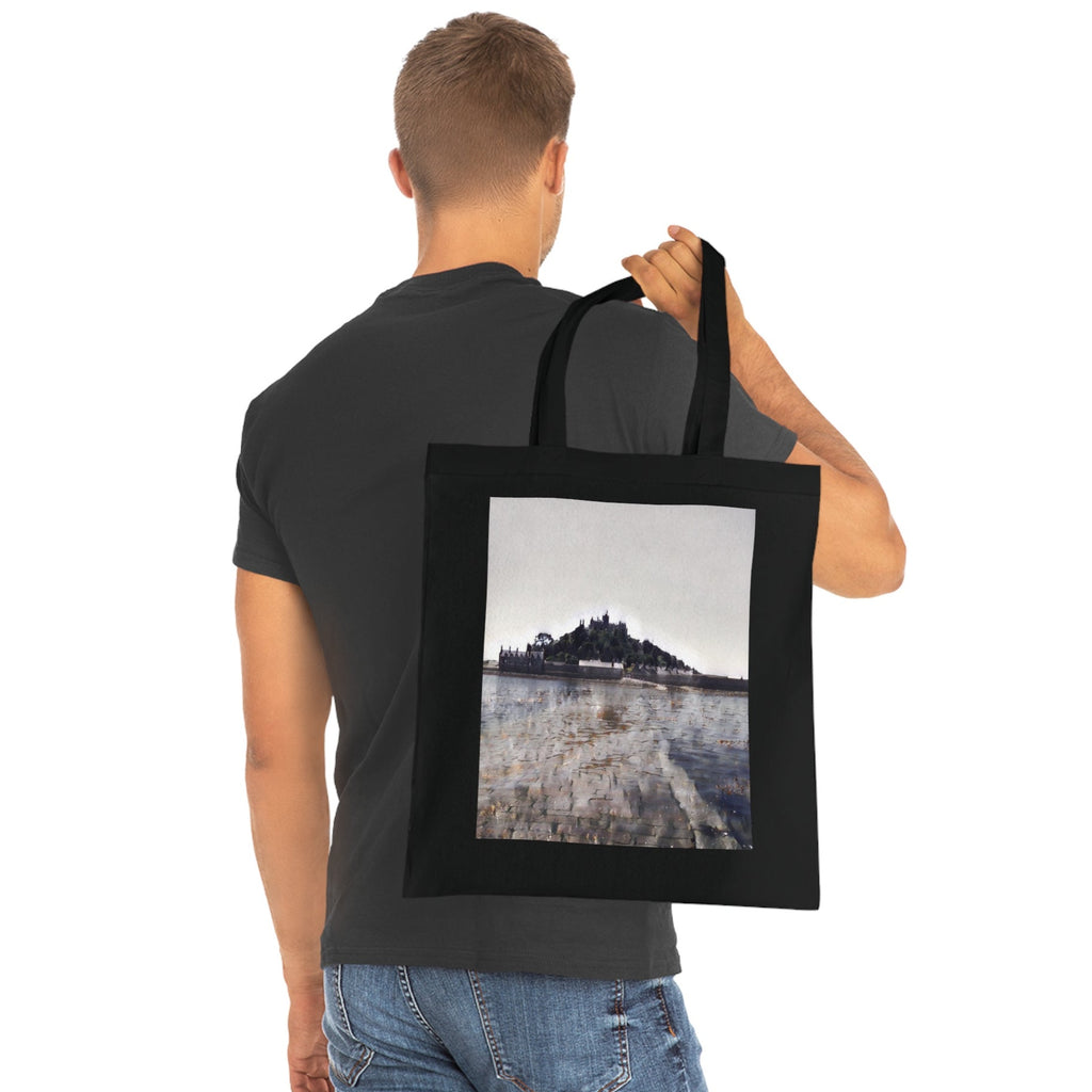 St Michael's Mount tote bag in grey, white and black close up — Cornwall cotton shopper