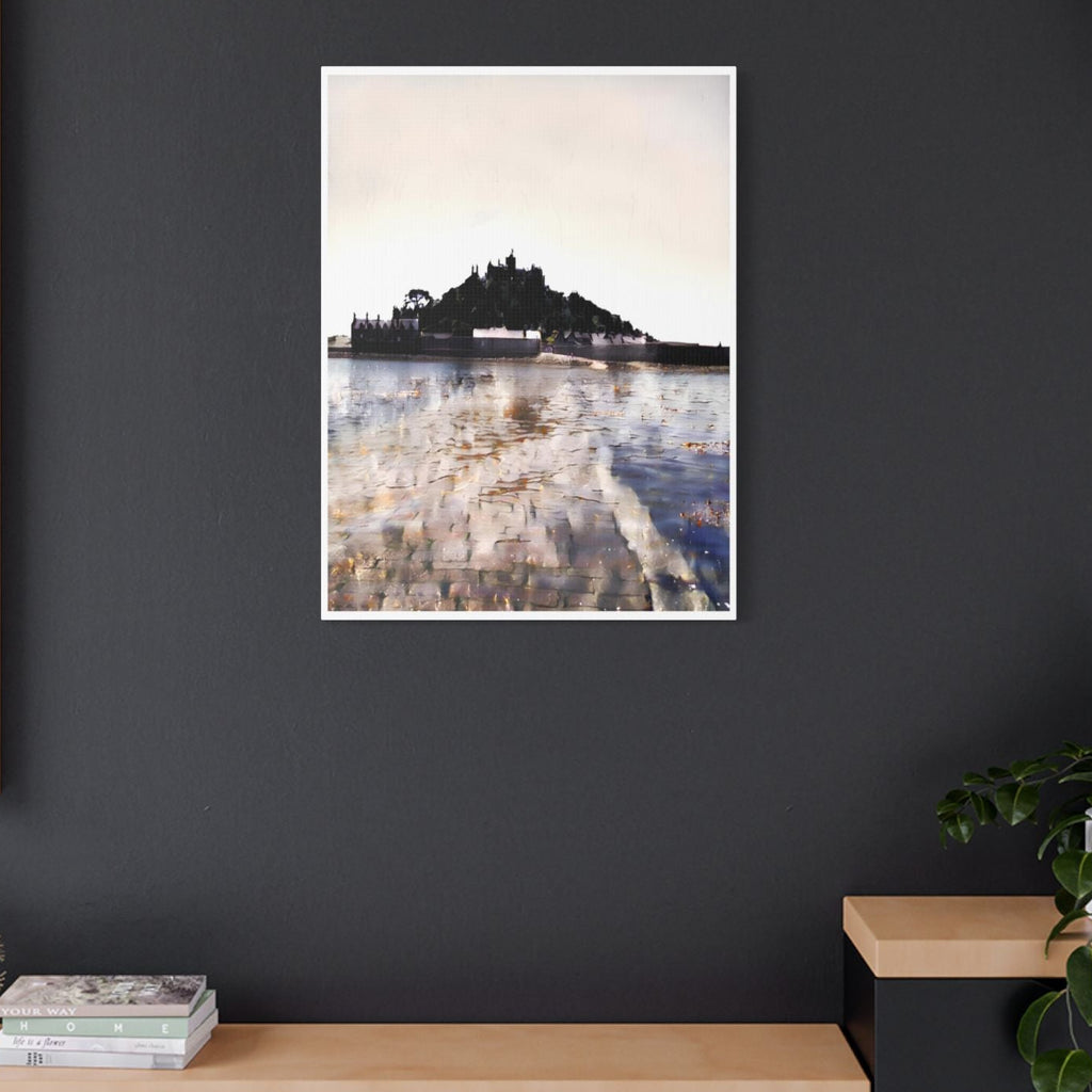 St Michael's Mount watercolour canvas on dark feature wall – dramatic Cornwall wall art portrait