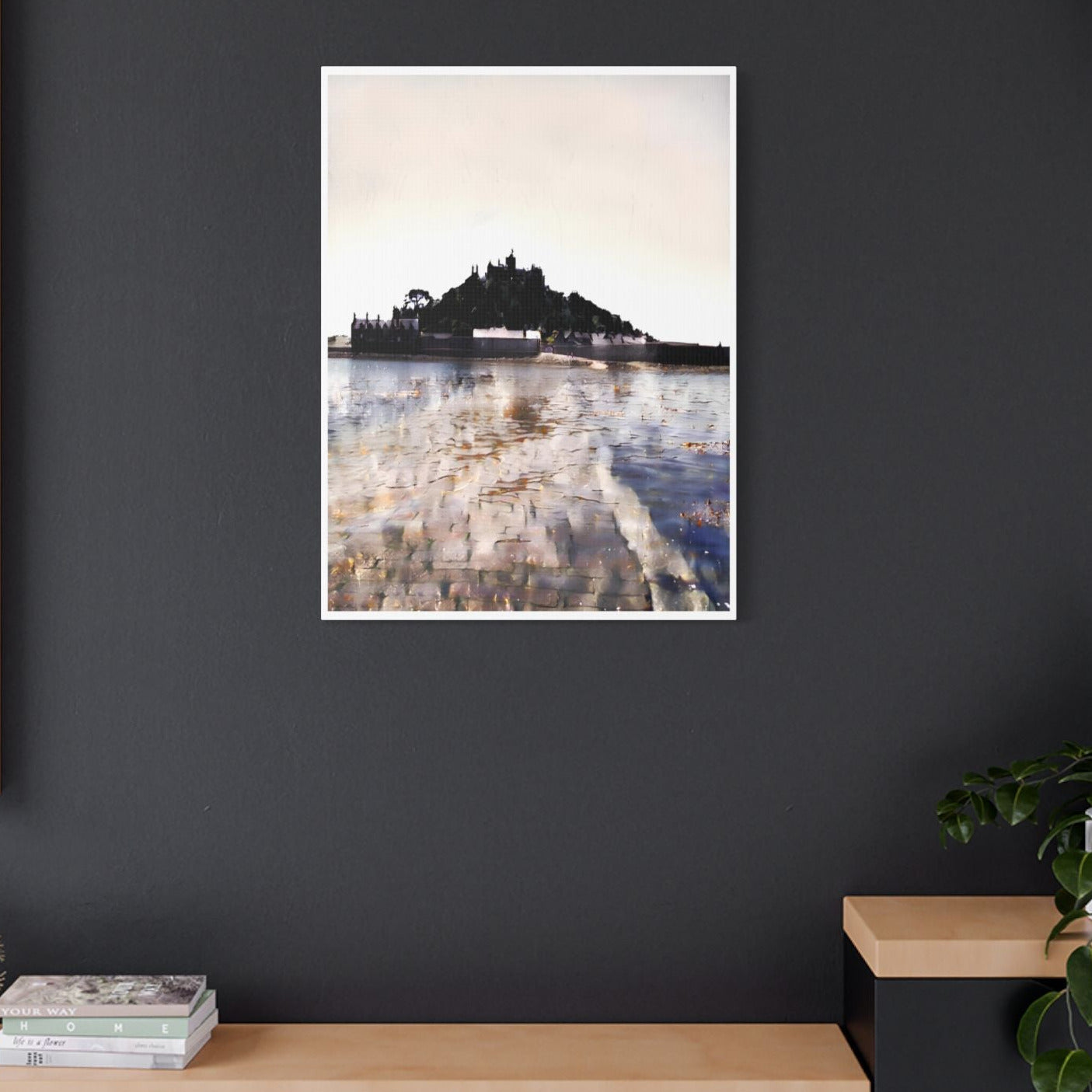 St Michael's Mount watercolour canvas on dark feature wall – dramatic Cornwall wall art portrait