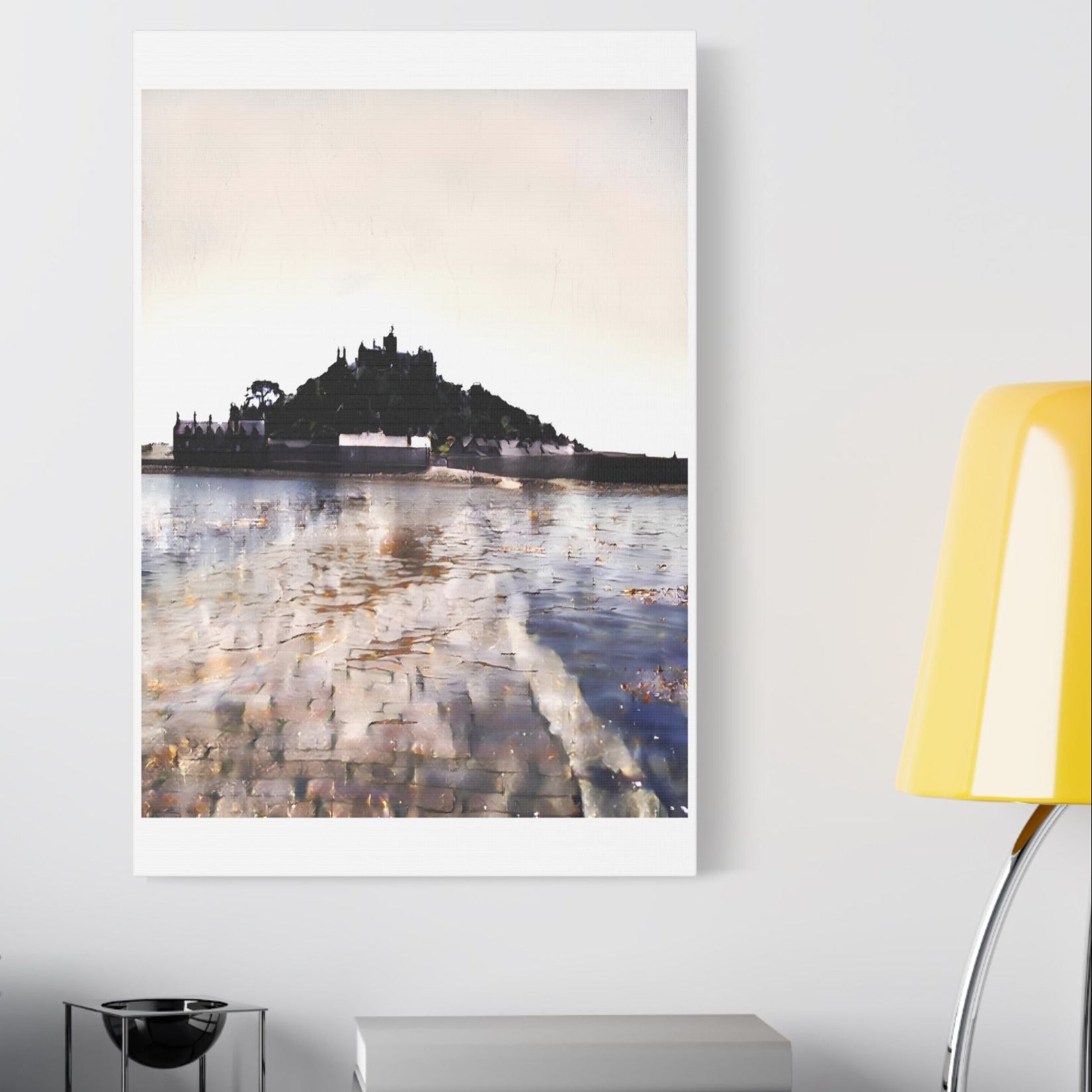 St Michael's Mount watercolour portrait canvas print on living room wall – Cornwall wall art ready to hang