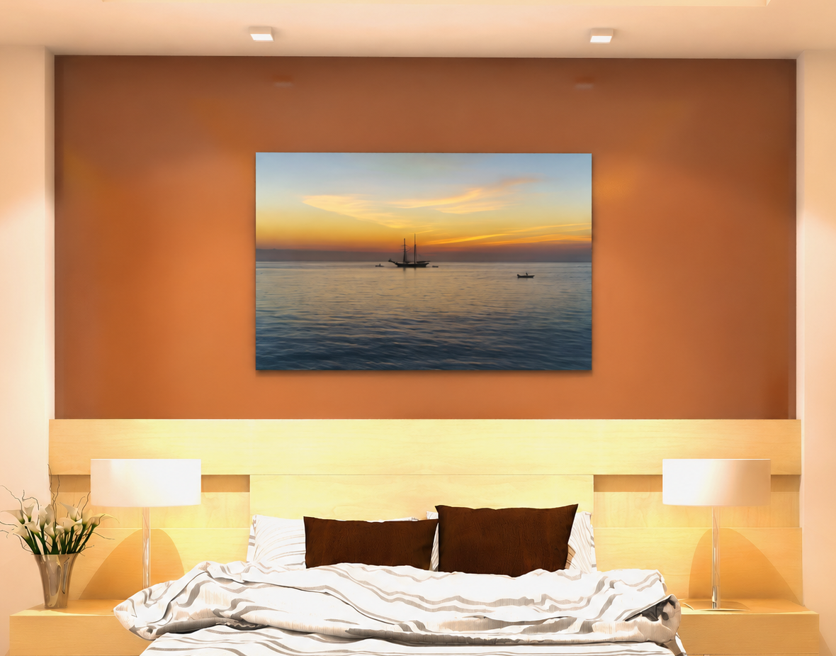 Sunrise Over St Ives Bay canvas above bed in warm bedroom – Cornwall coastal wall art above bed gift