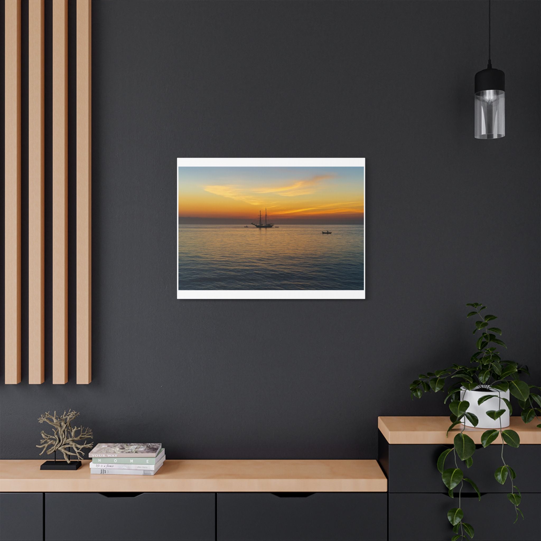 Sunrise Over St Ives Bay canvas on dark wood feature wall – Cornwall coastal wall art warm tones