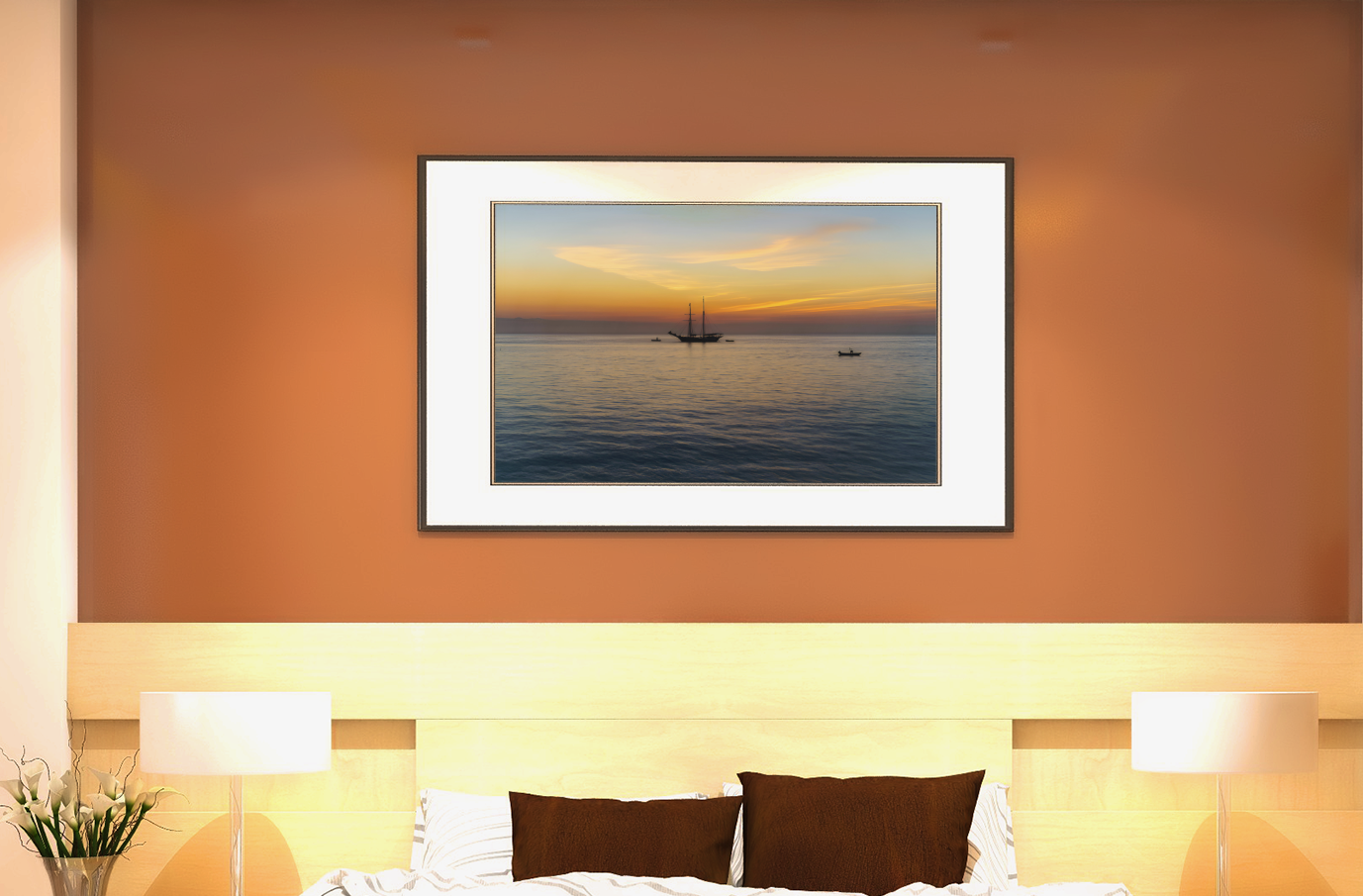 Sunrise Over St Ives Bay fine art print above bed on terracotta wall – Cornwall golden seascape bedroom art