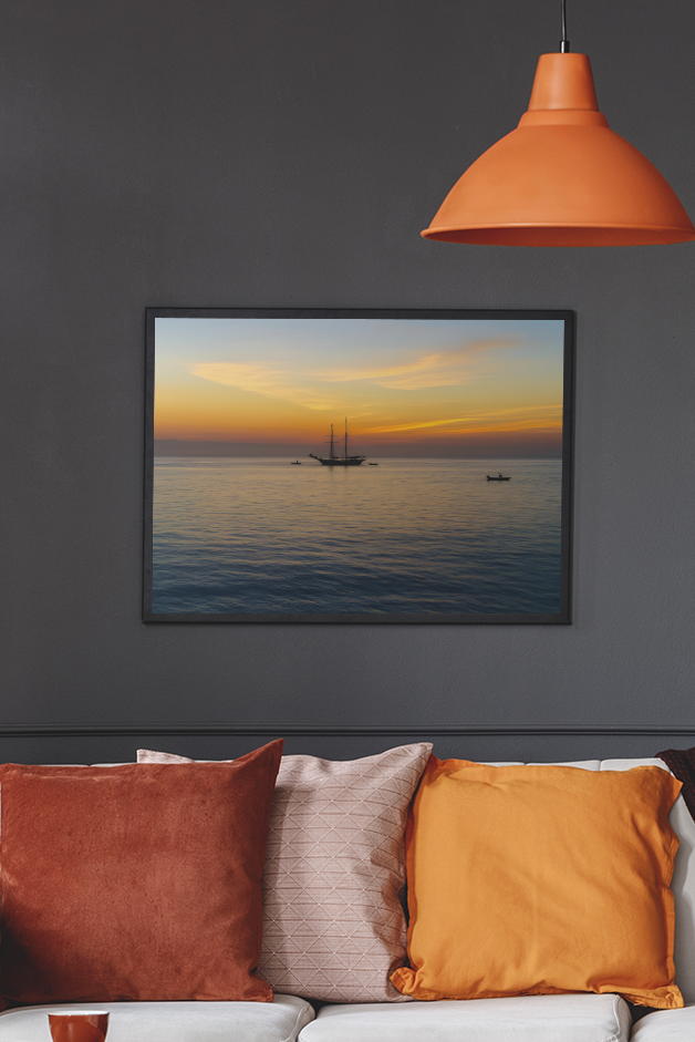 Sunrise Over St Ives Bay fine art print on dark wall – Cornwall coastal seascape giclée wall art warm tones
