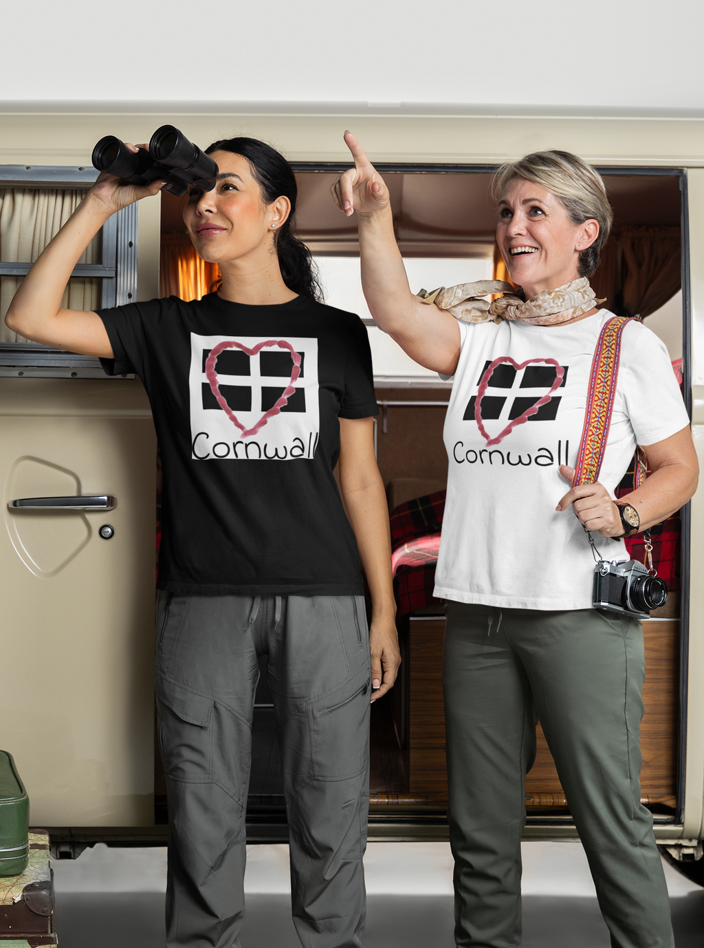 Two Friends wearing same design Cornwall Heart Flag t-shirts, Cornwall gift tees
