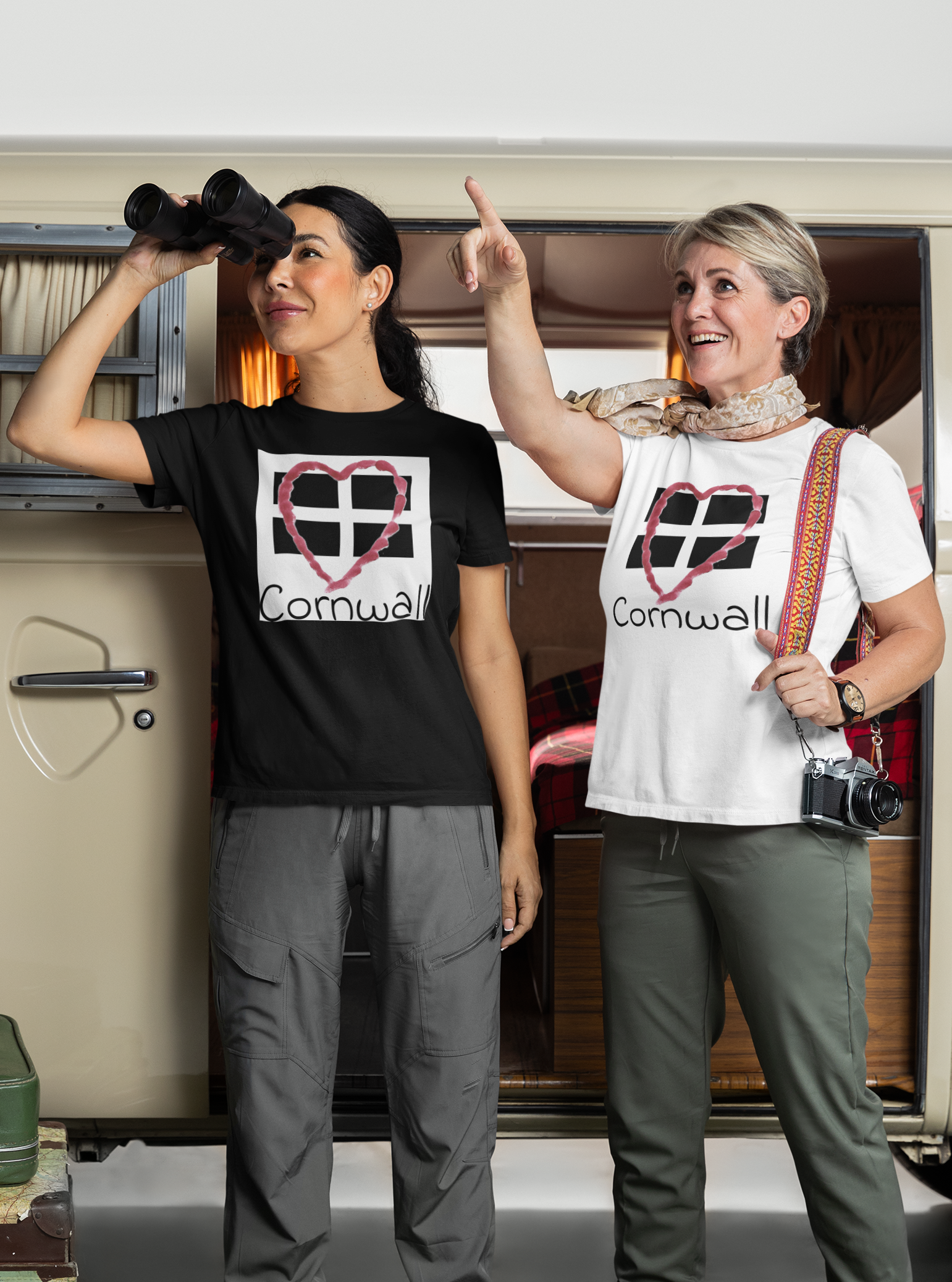 Two Friends wearing same design Cornwall Heart Flag t-shirts, Cornwall gift tees