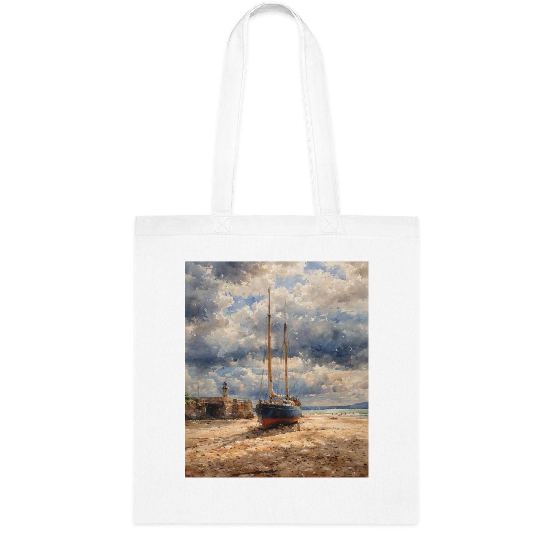 White Cornwall tote bag with St Ives fishing boat artwork — coastal gift bag