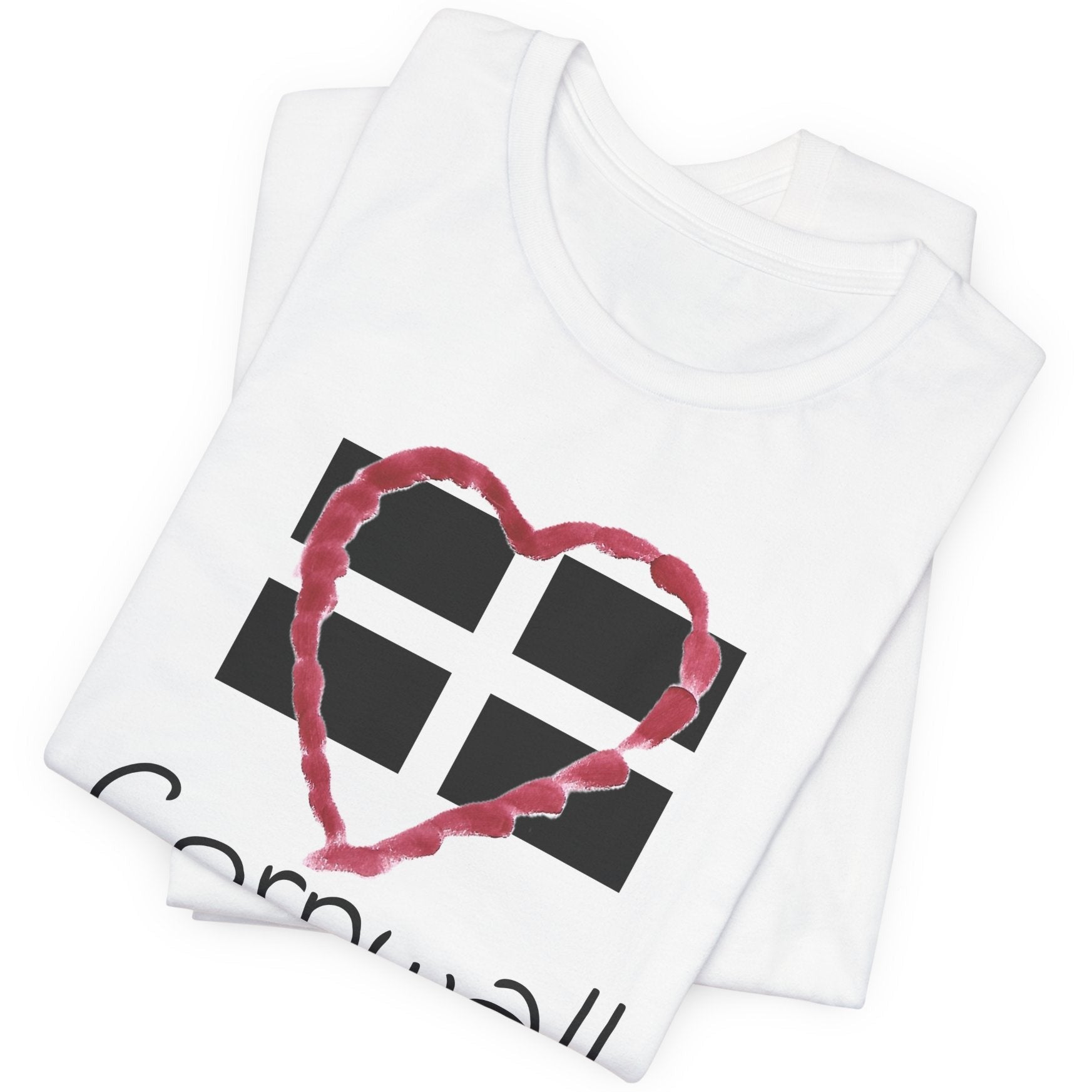 White Cornwall Heart Flag t-shirt flat lay, Love Cornwall graphic tee
