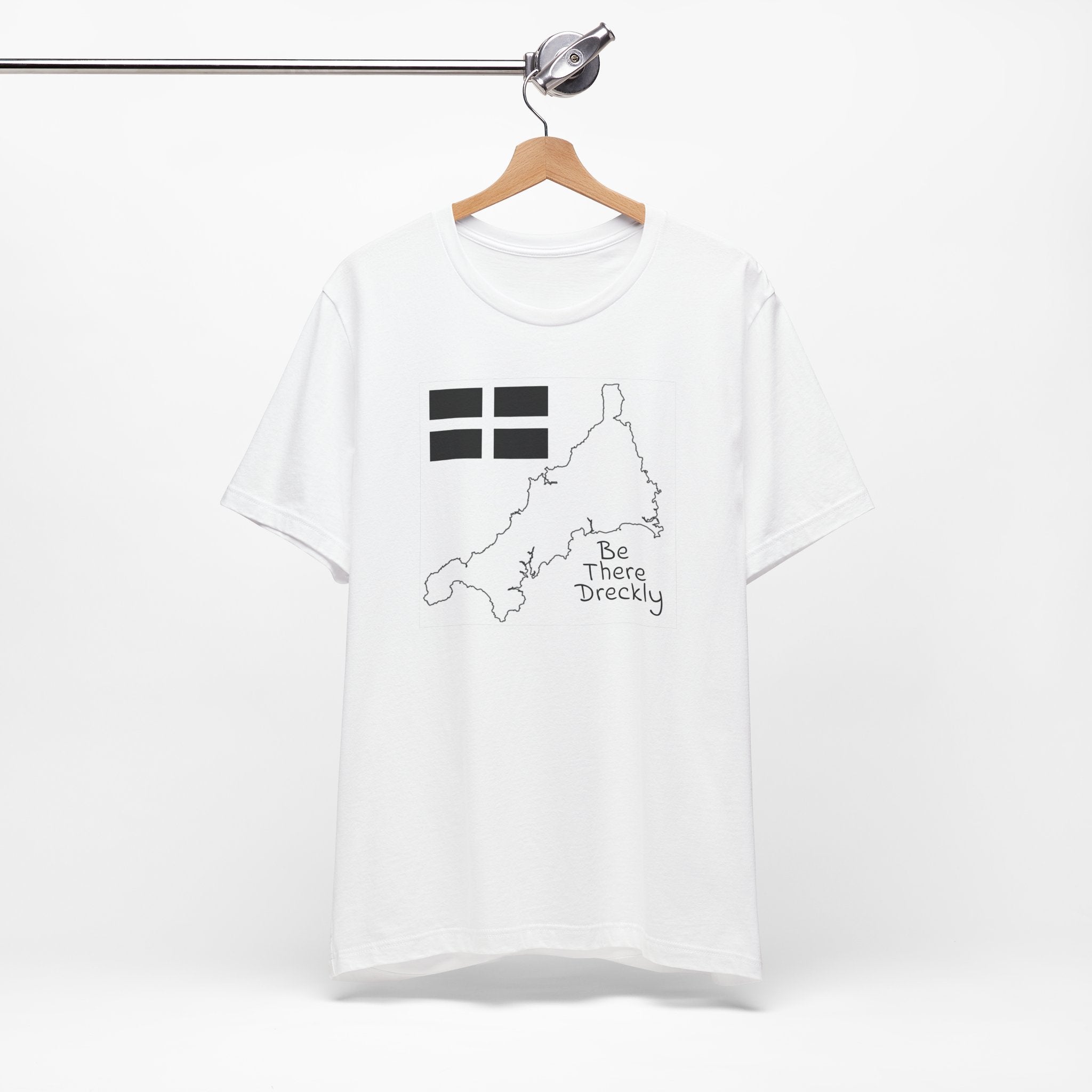 White Cornwall Be There Dreckly t-shirt on hanger, unisex graphic tee