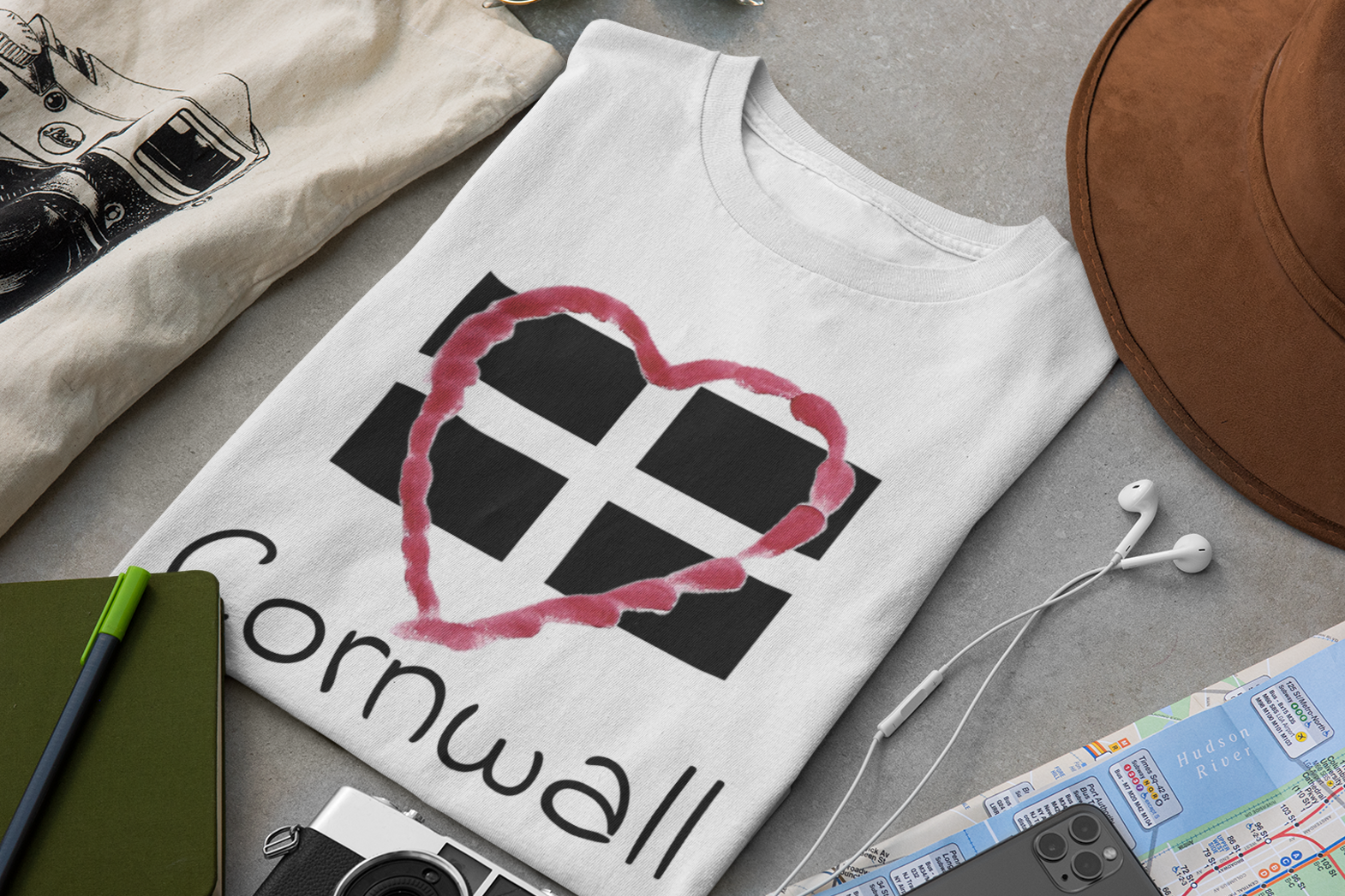 White Cornwall Heart Flag t-shirt flat lay, St Piran flag design tee