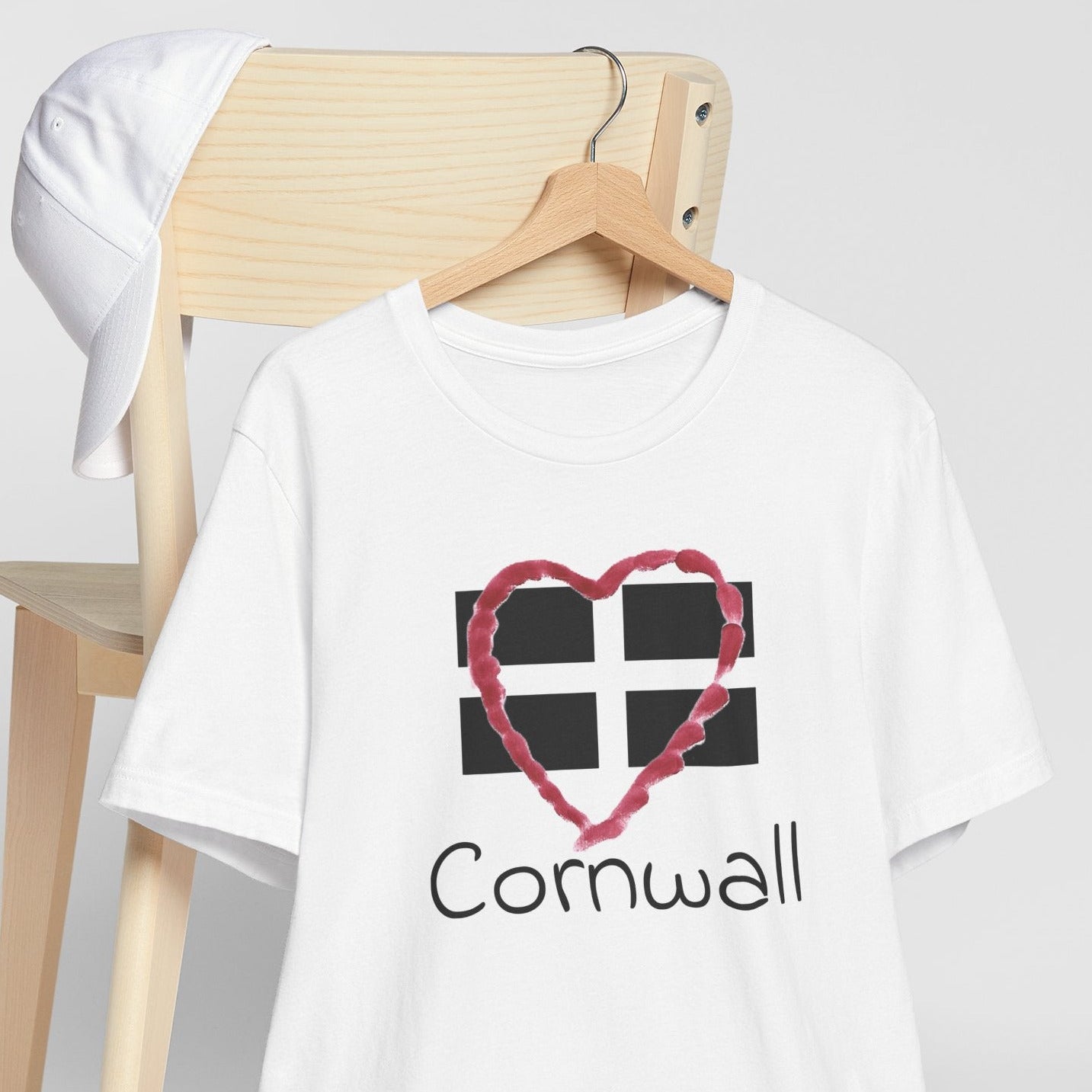 White Cornwall Heart Flag t-shirt on hanger, St Piran flag design tee