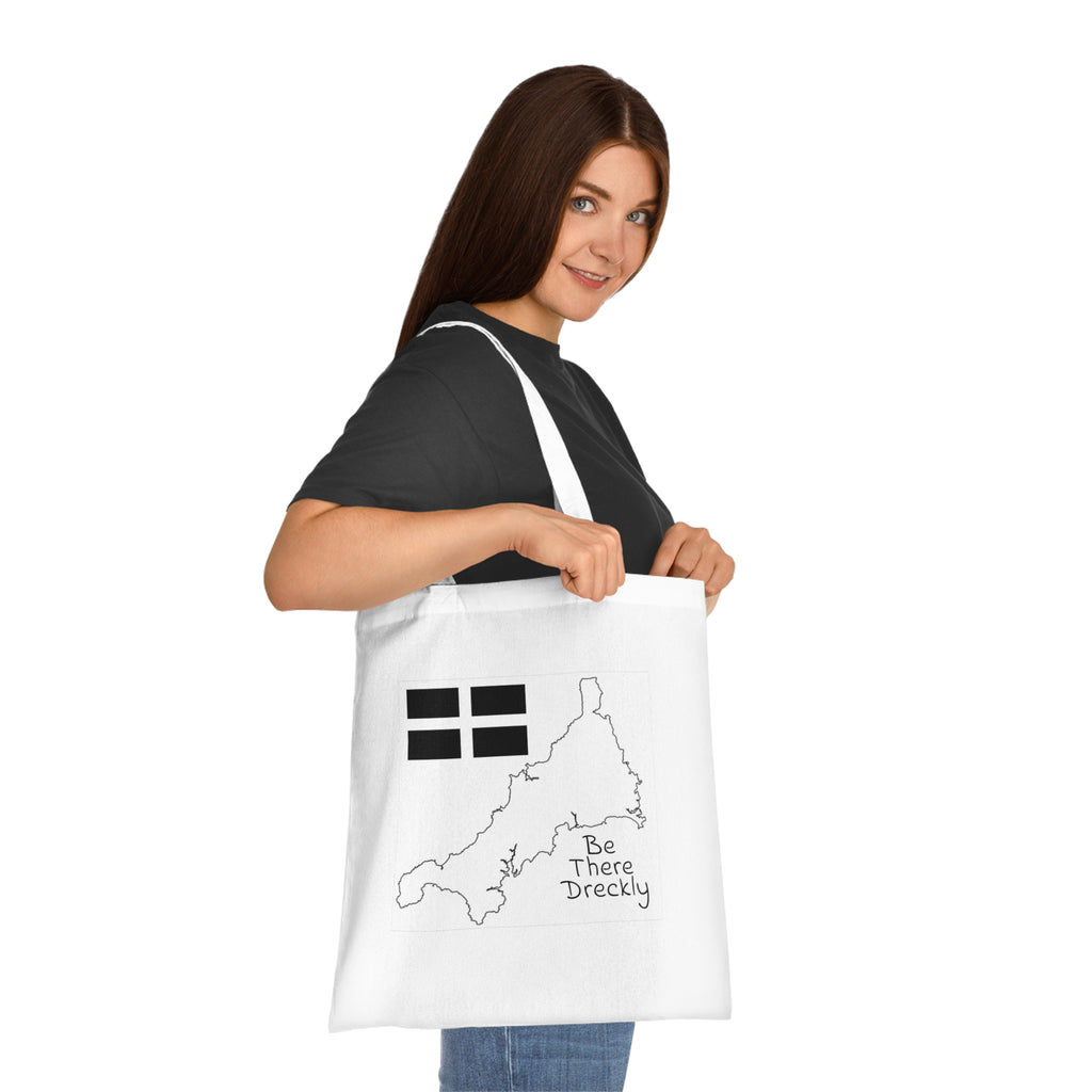 White Cornwall dreckly tote bag worn over shoulder — Cornish gift cotton shopper