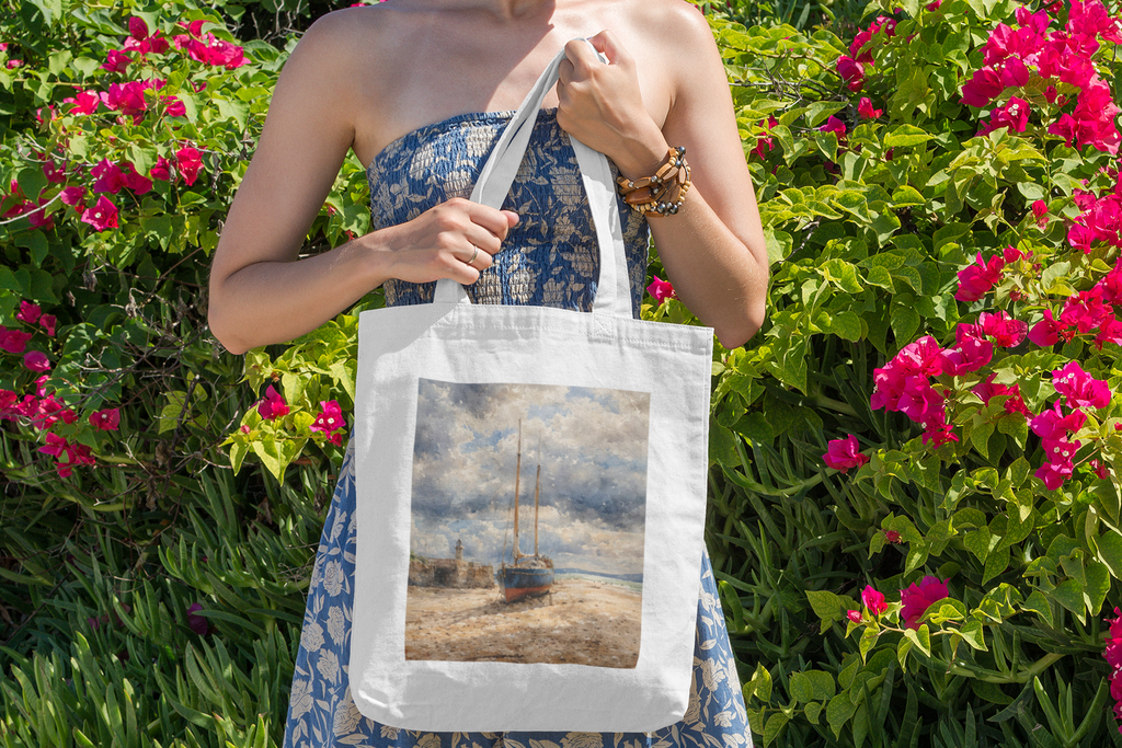 White St Ives tote bag with working boat design — Cornish cotton gift shopper