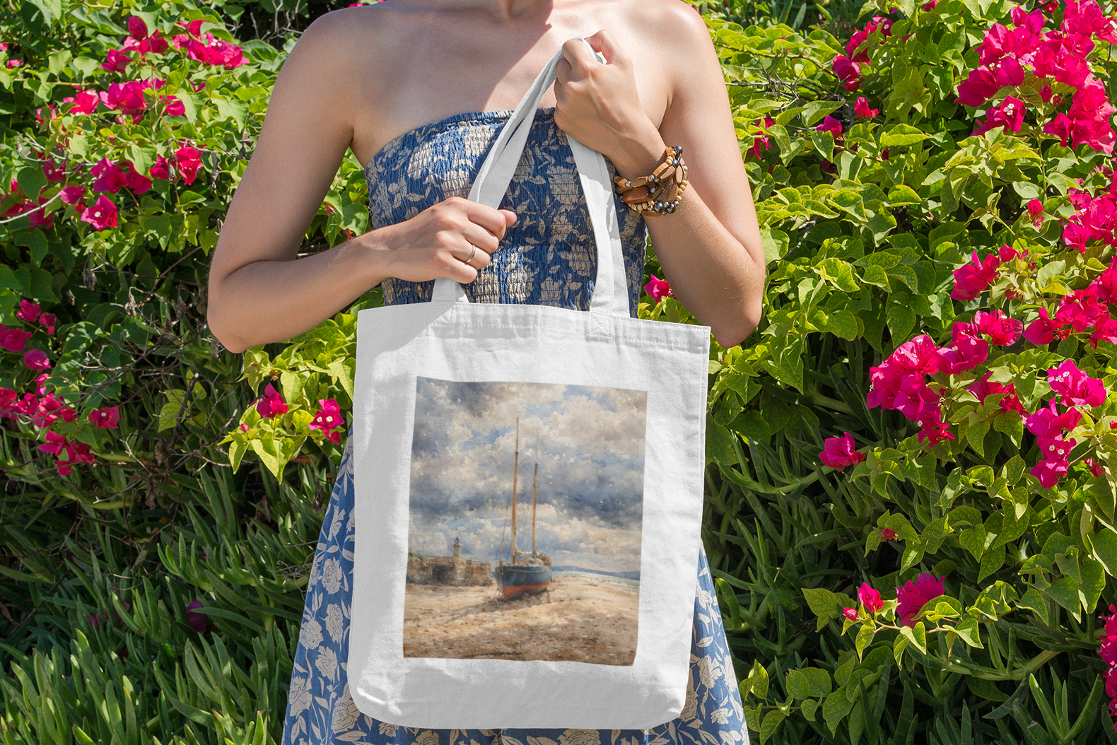 White St Ives tote bag with working boat design — Cornish cotton gift shopper