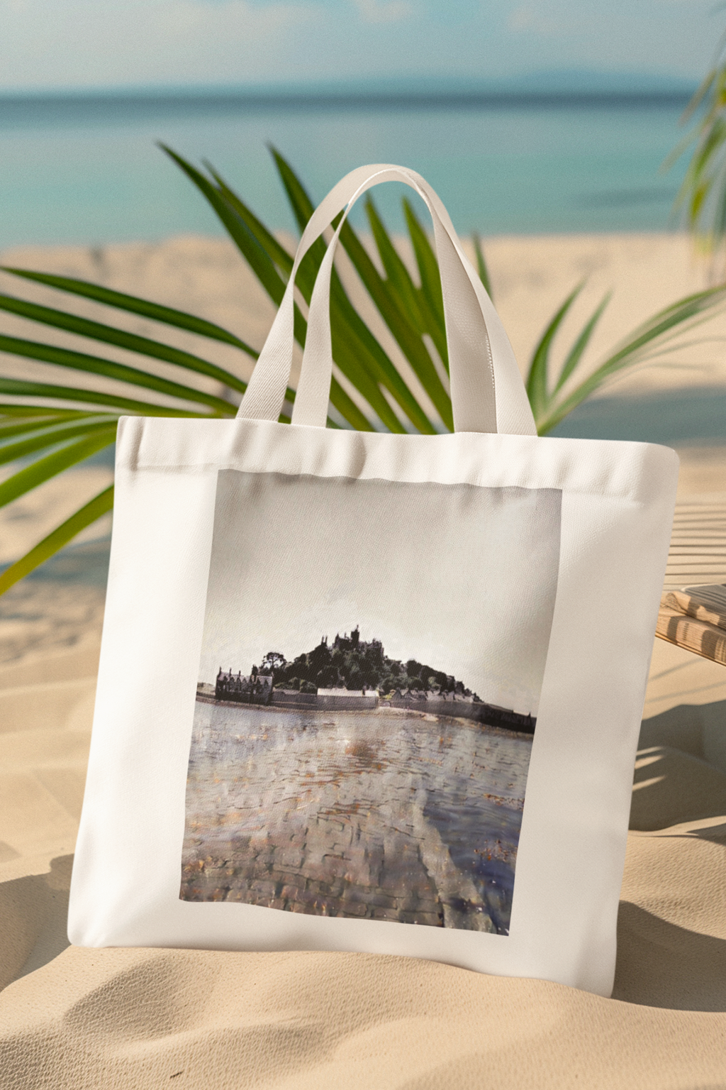 White St Michael's Mount Cornwall tote bag — coastal art cotton shopper gift